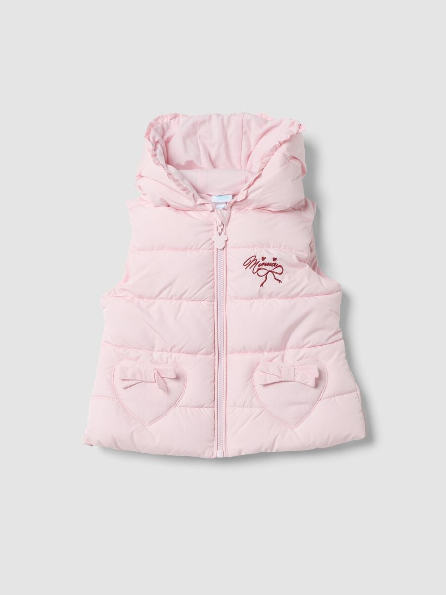 Gilet imbottito rosa con cappuccio e tasche a cuore e ricamo Minnie_0