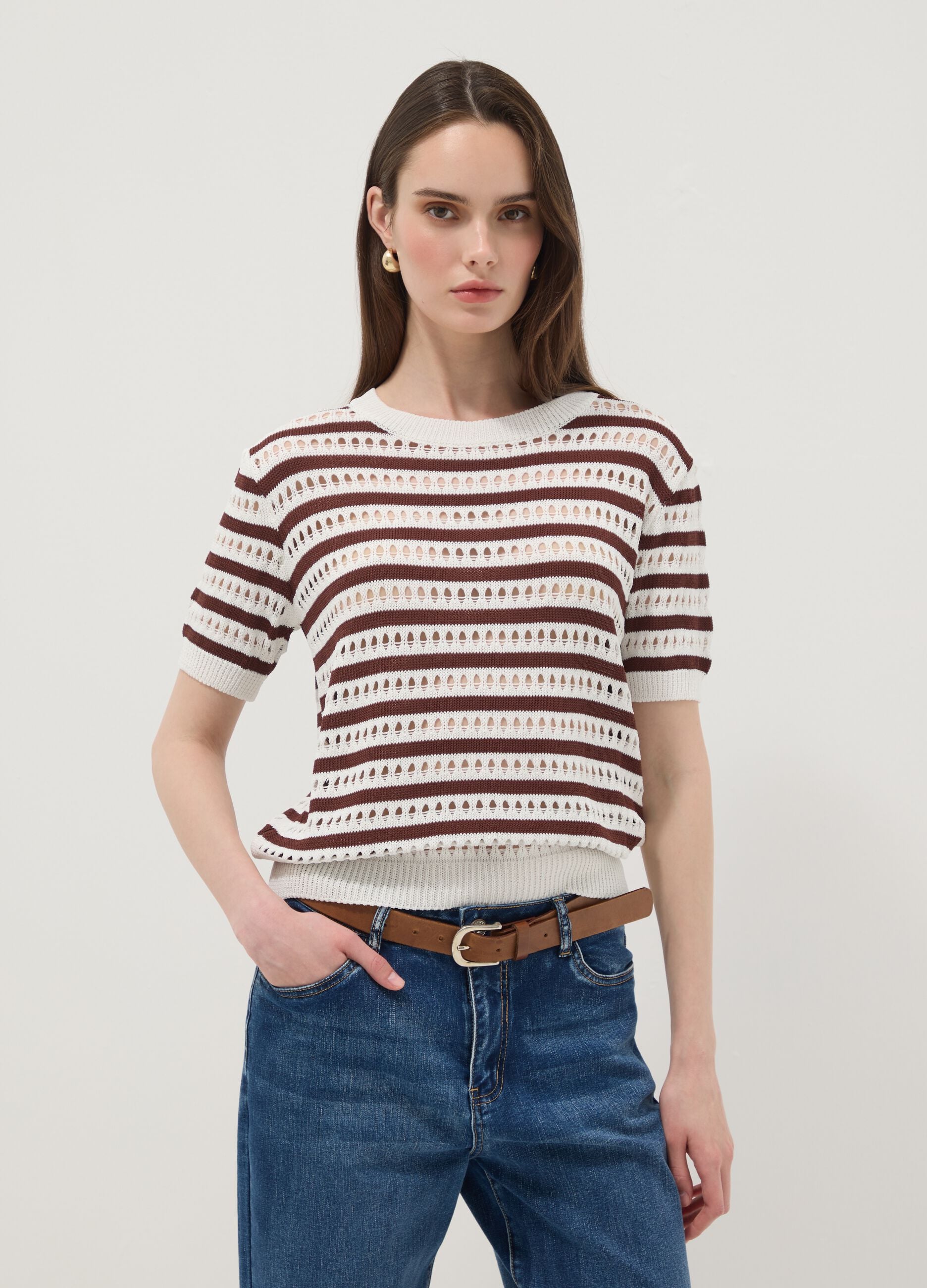 White and brown striped open-knit viscose-blend T-shirt, regular fit