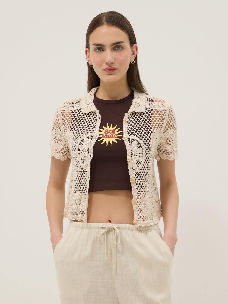 Beiges Regular-Fit-Hemd aus Baumwollmischung mit Strickstruktur_1