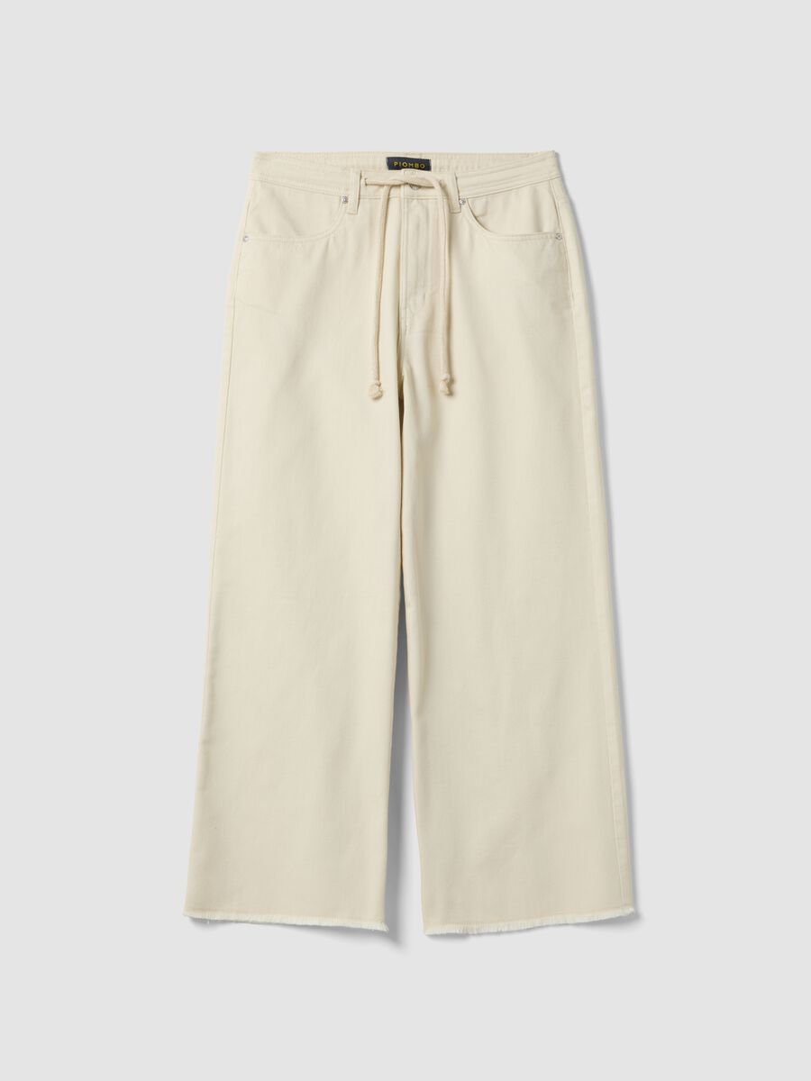 Pantalon droit en pur coton blanc avec cordon de serrage_0