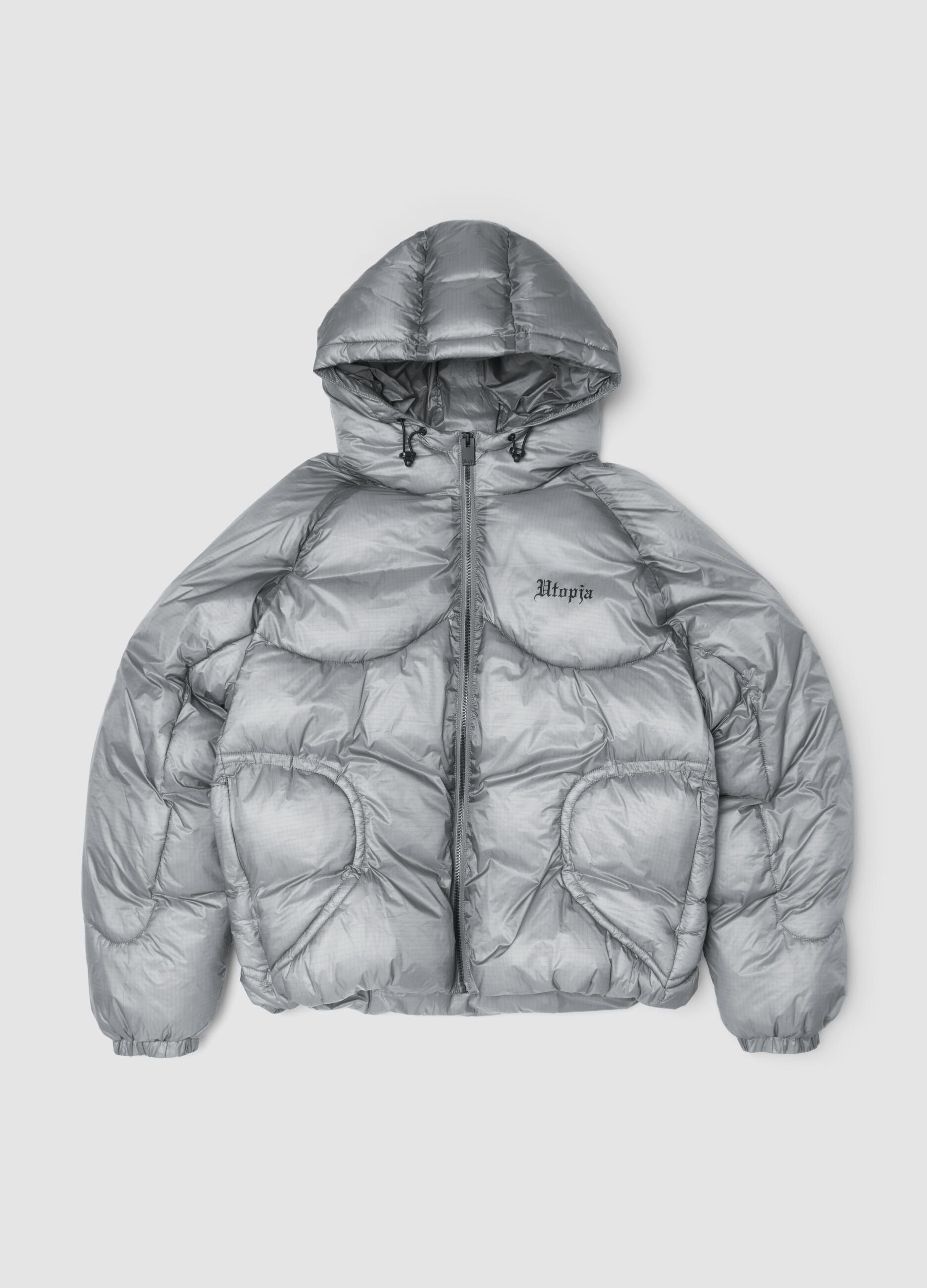 Nylon Ripstop Hooded Puffer Jacket in Grey