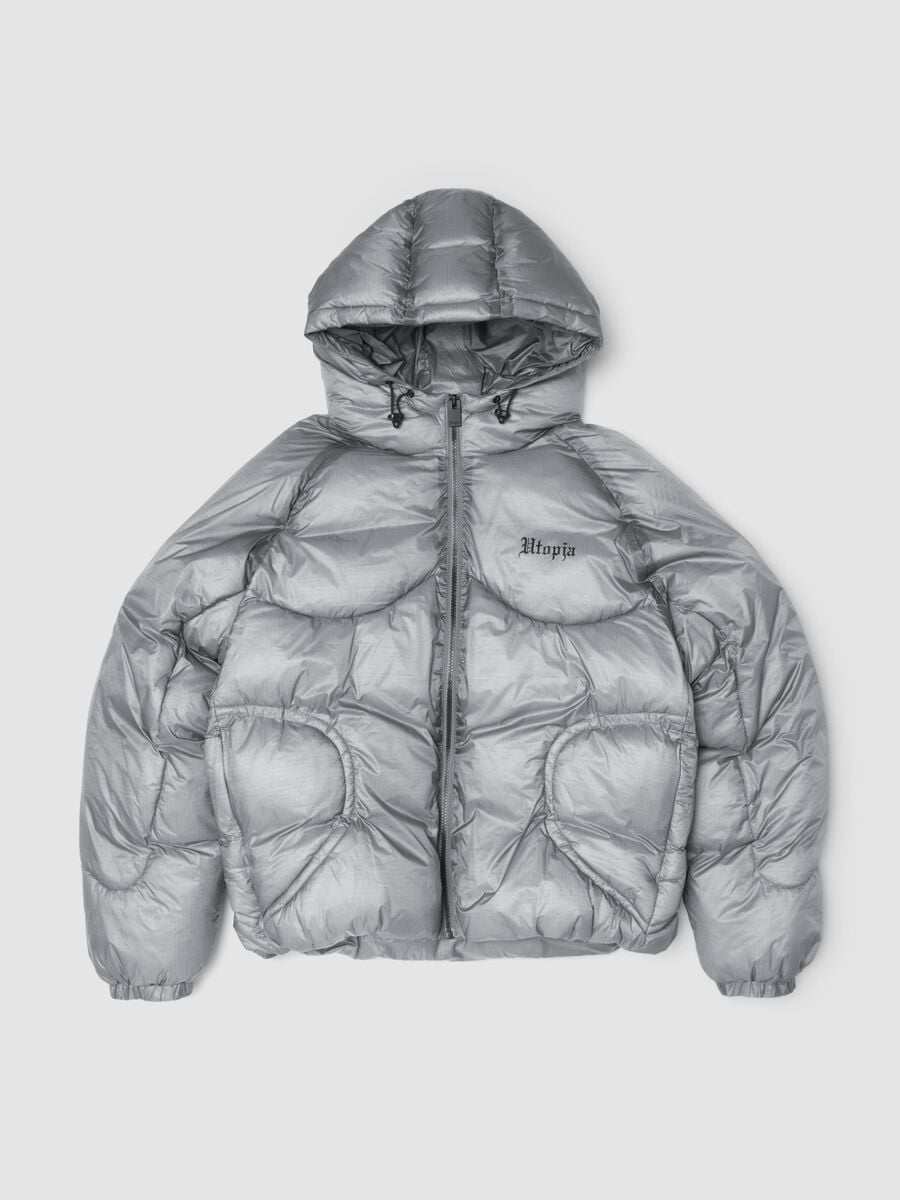 Nylon Ripstop Hooded Puffer Jacket in Grey_0