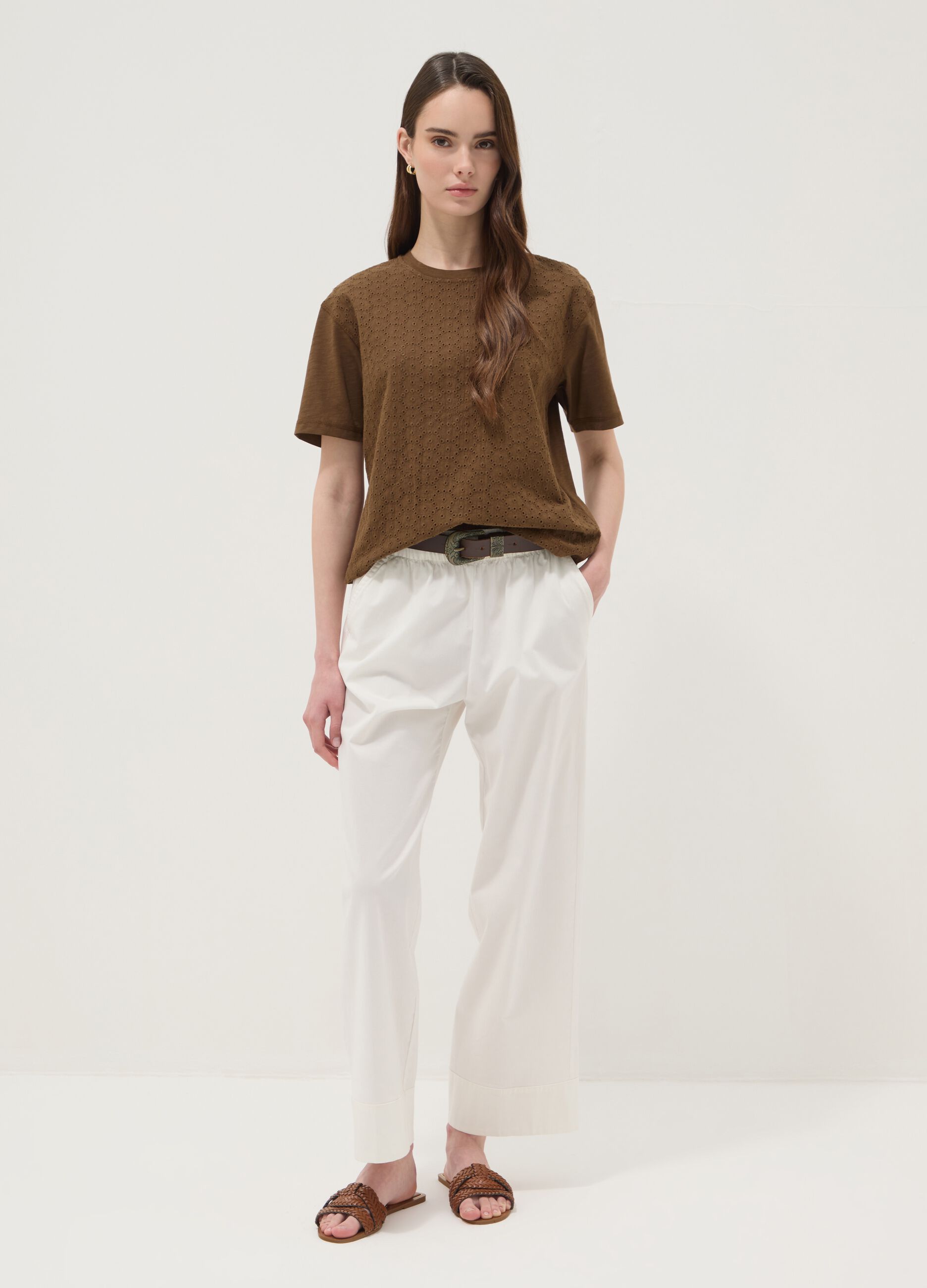 Brown pure cotton T-shirt with broderie anglaise embroidery