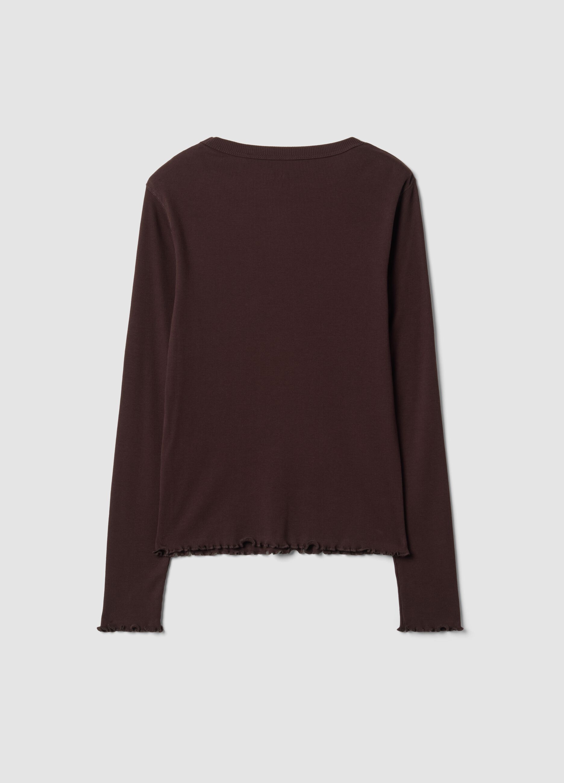 T-shirt marrone in puro cotone a maniche lunghe girocollo regular fit