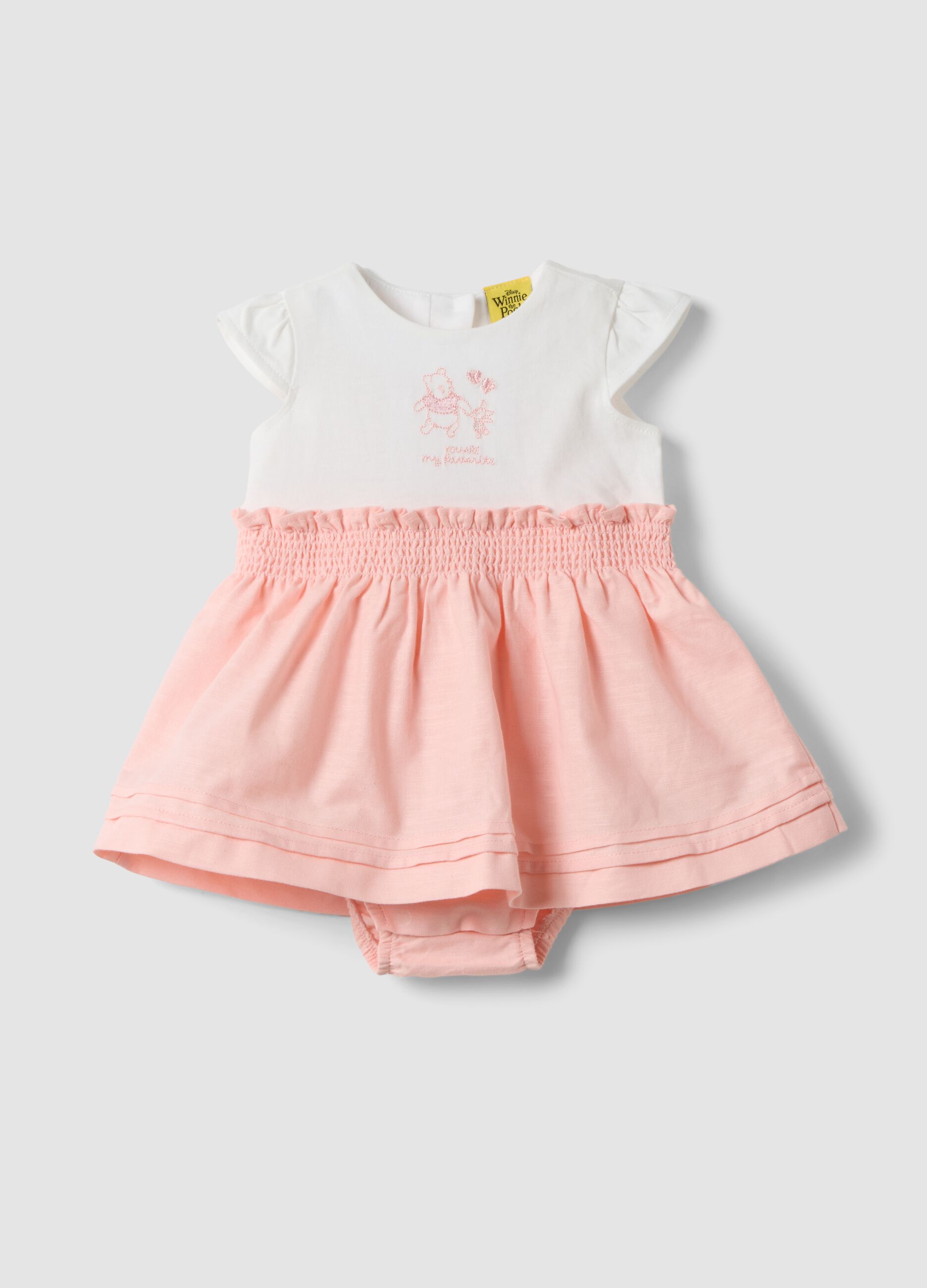 Pink cotton-linen blend romper with Winnie the Pooh embroidery for baby girl