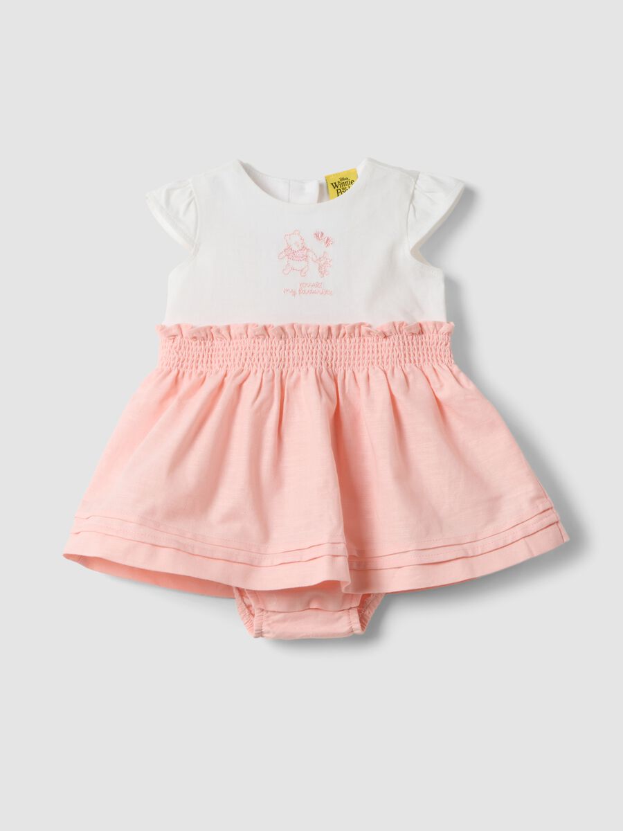 Pink cotton-linen blend romper with Winnie the Pooh embroidery for baby girl_0