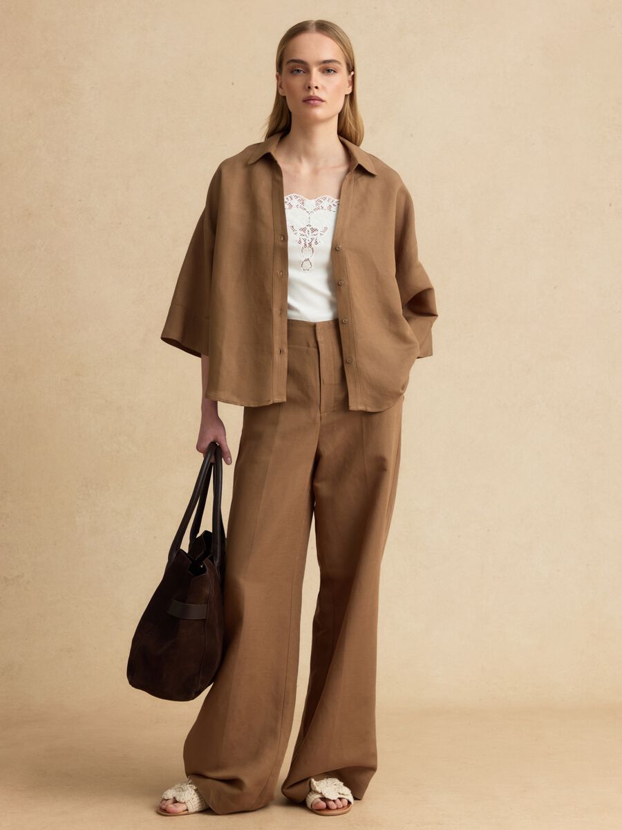 Brown linen-viscose blend wide-leg trousers with structured waistband_0