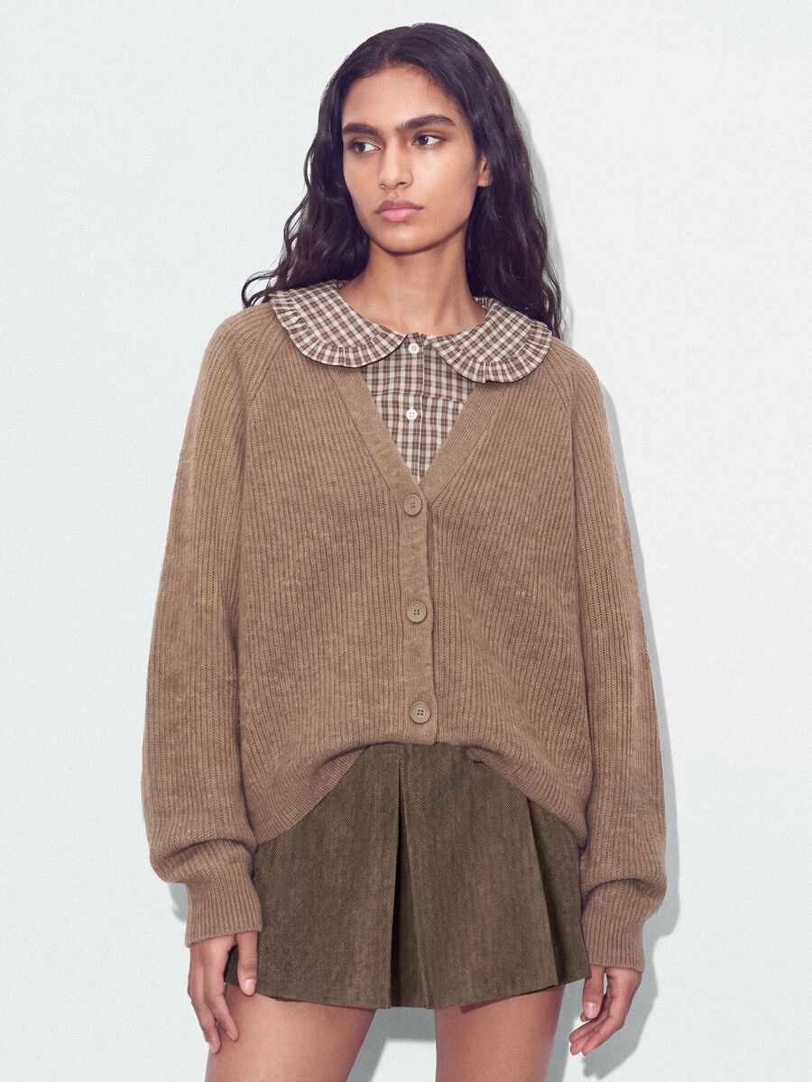 Cardigan marrone in lana elasticizzata con scollo profondo a V over fit_0