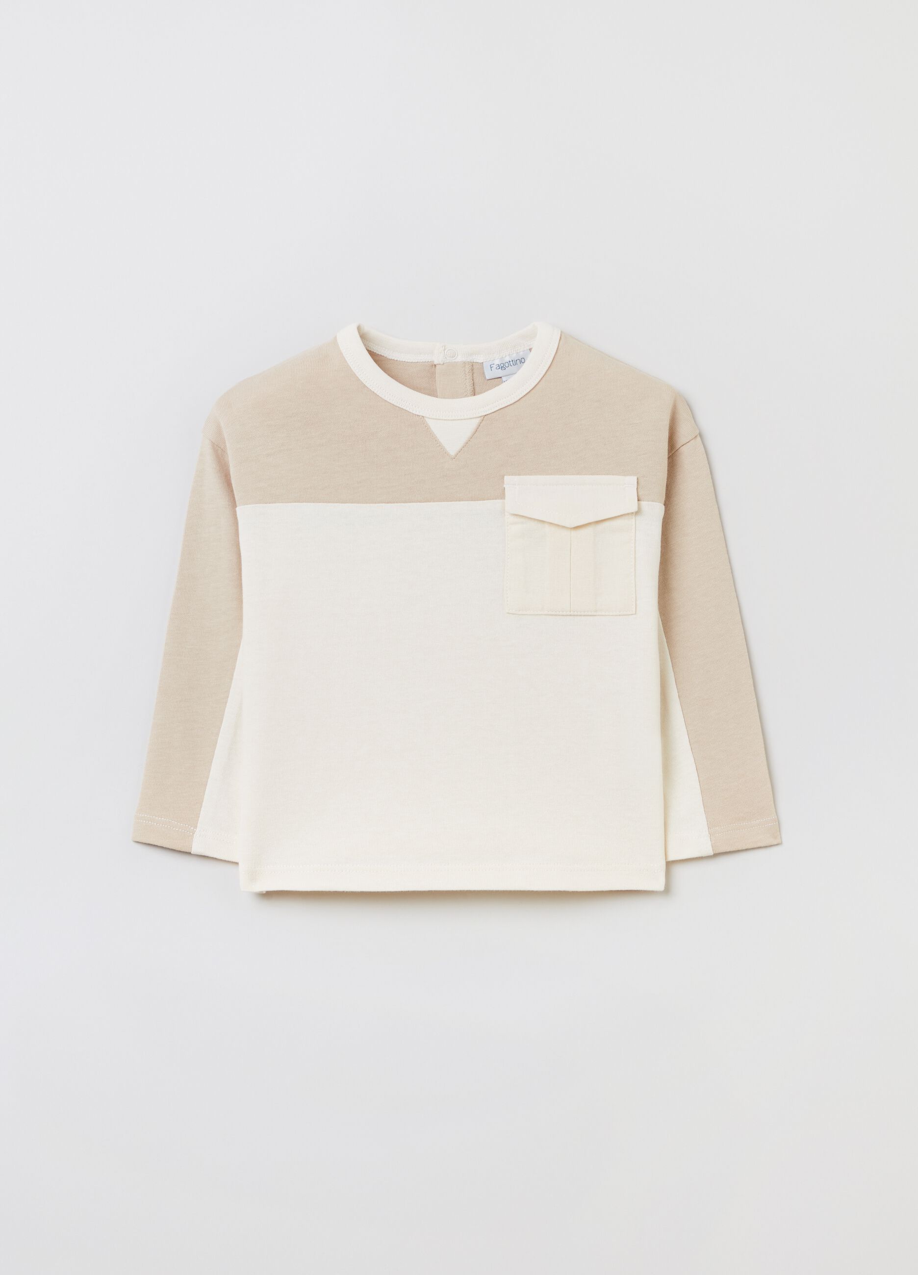 Two-tone cotton T-shirt with pocket