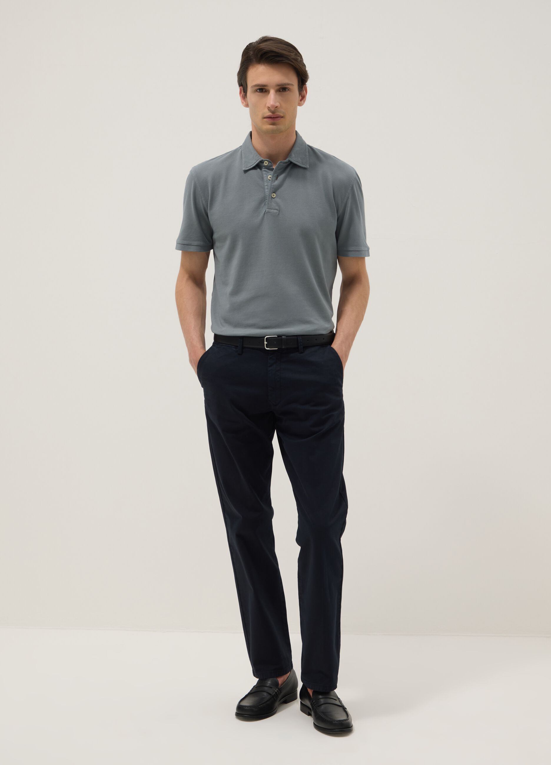 Grey pure cotton slim-fit short-sleeve polo