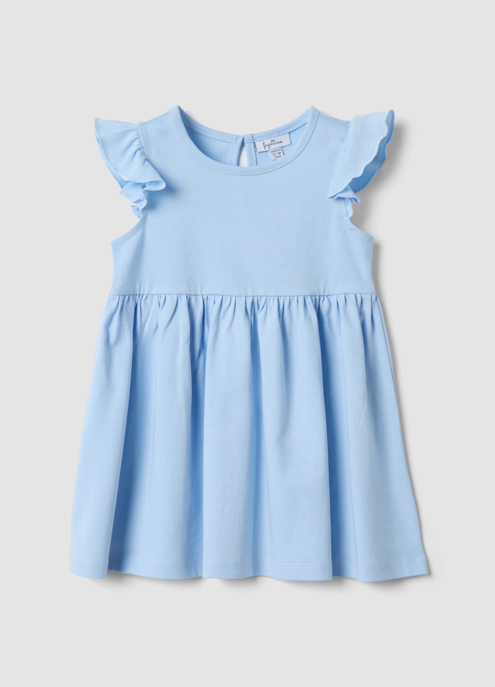 Light blue pure cotton baby girl dress, regular fit with ruffles