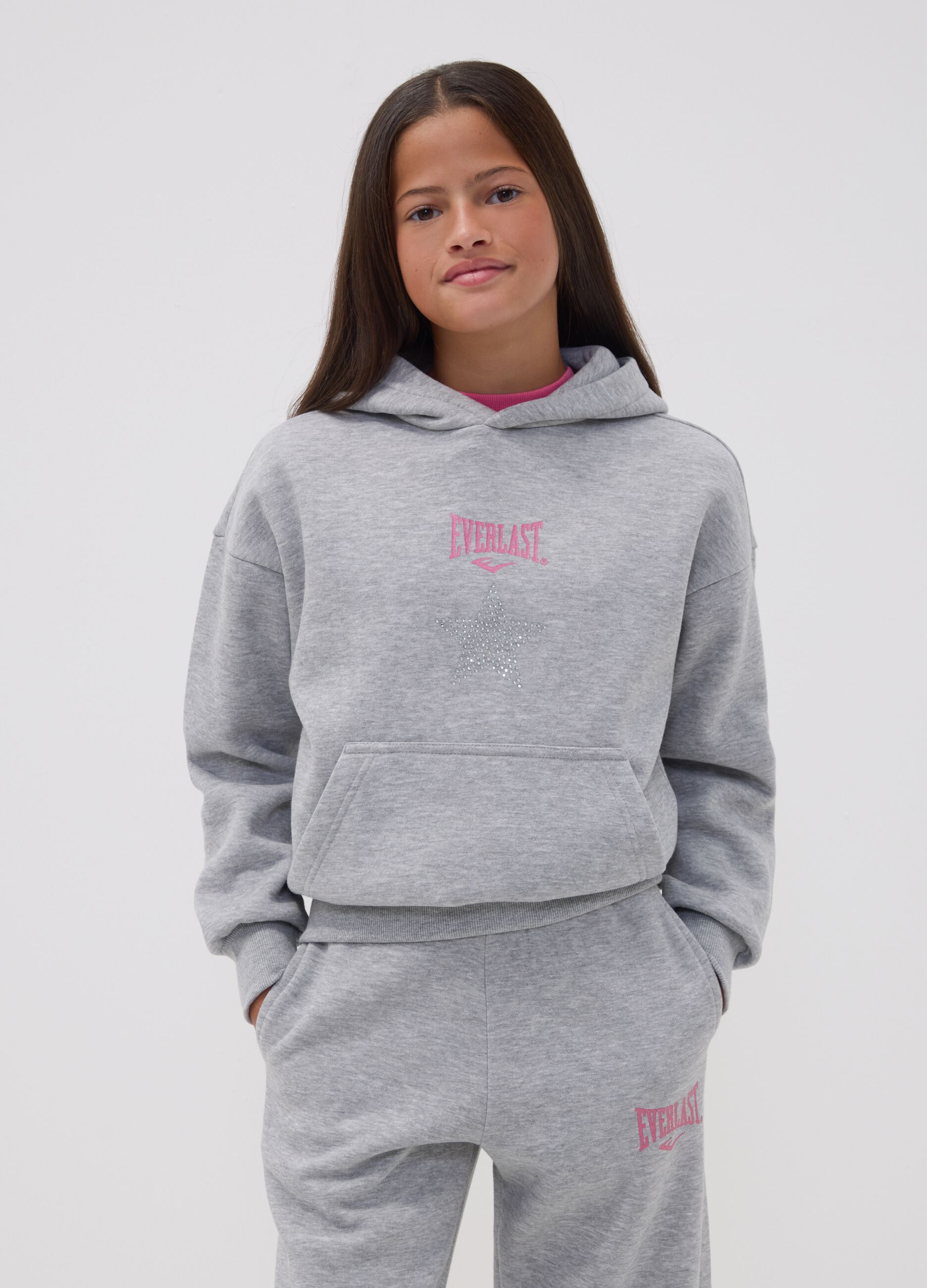Grey cotton-blend hoodie for girls, regular fit