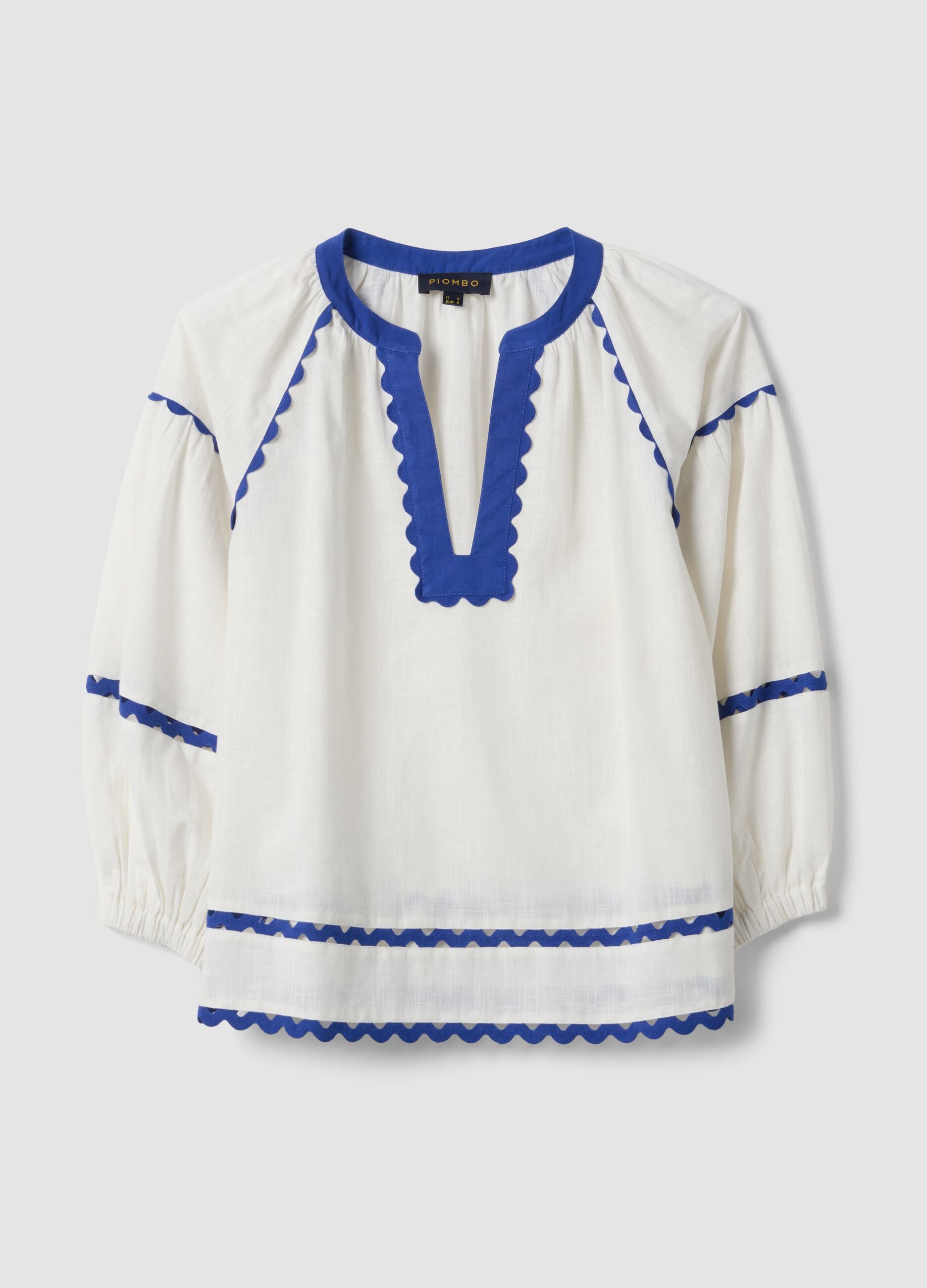 Wei&szlig;e Bluse aus reiner Baumwolle mit blauer Paspelierung, Regular Fit