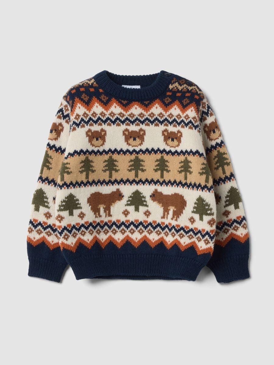 Navy and ivory jacquard wool-blend crew-neck jumper_0