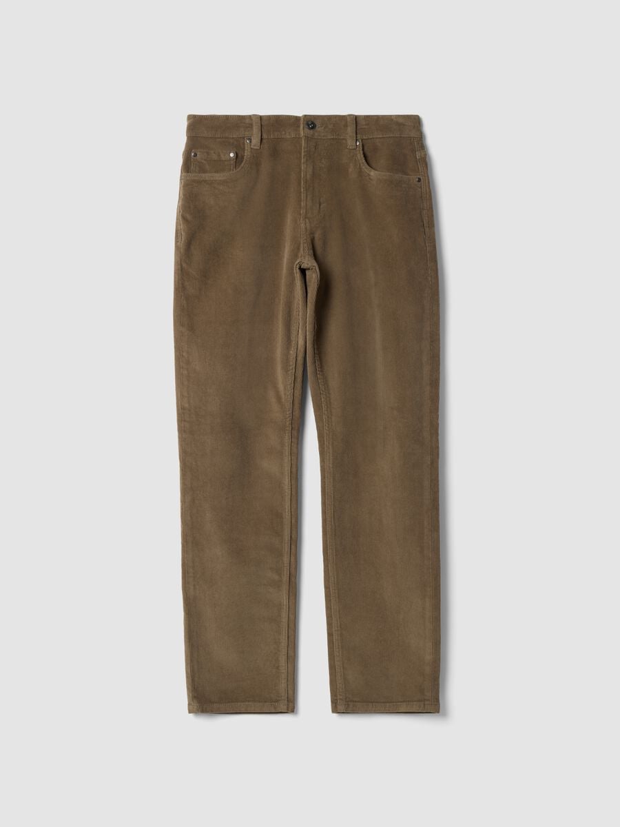 Pantaloni marroni in cotone elasticizzato a coste regular fit_0
