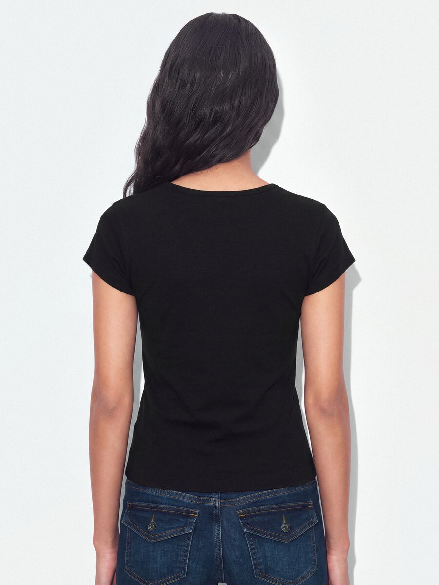 Black pure cotton crew-neck T-shirt with slogan_3
