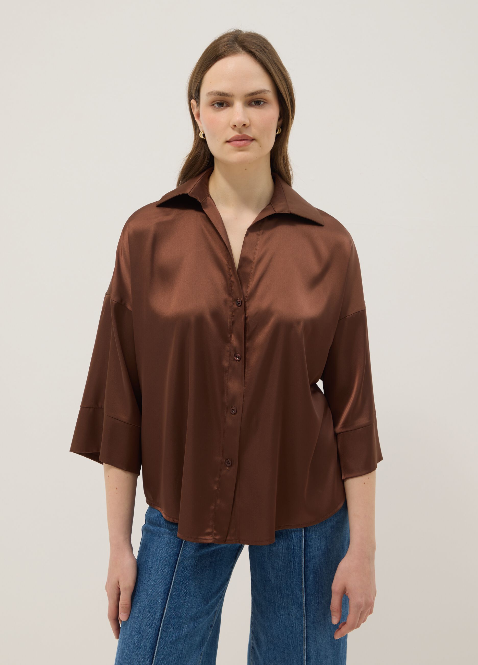 Braune Satinbluse im Regular Fit