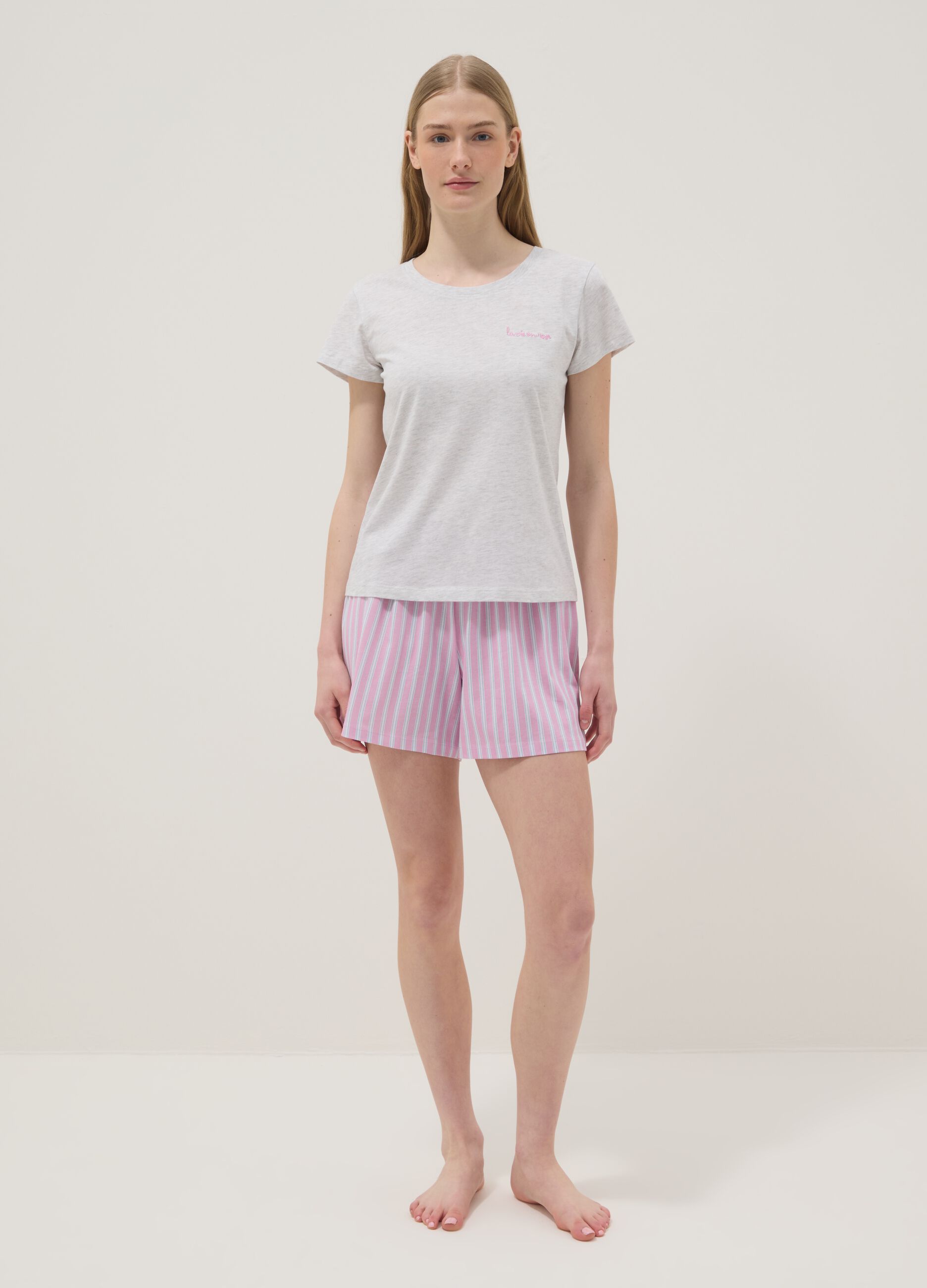 Short striped multicoloured stretch cotton pyjamas, regular fit