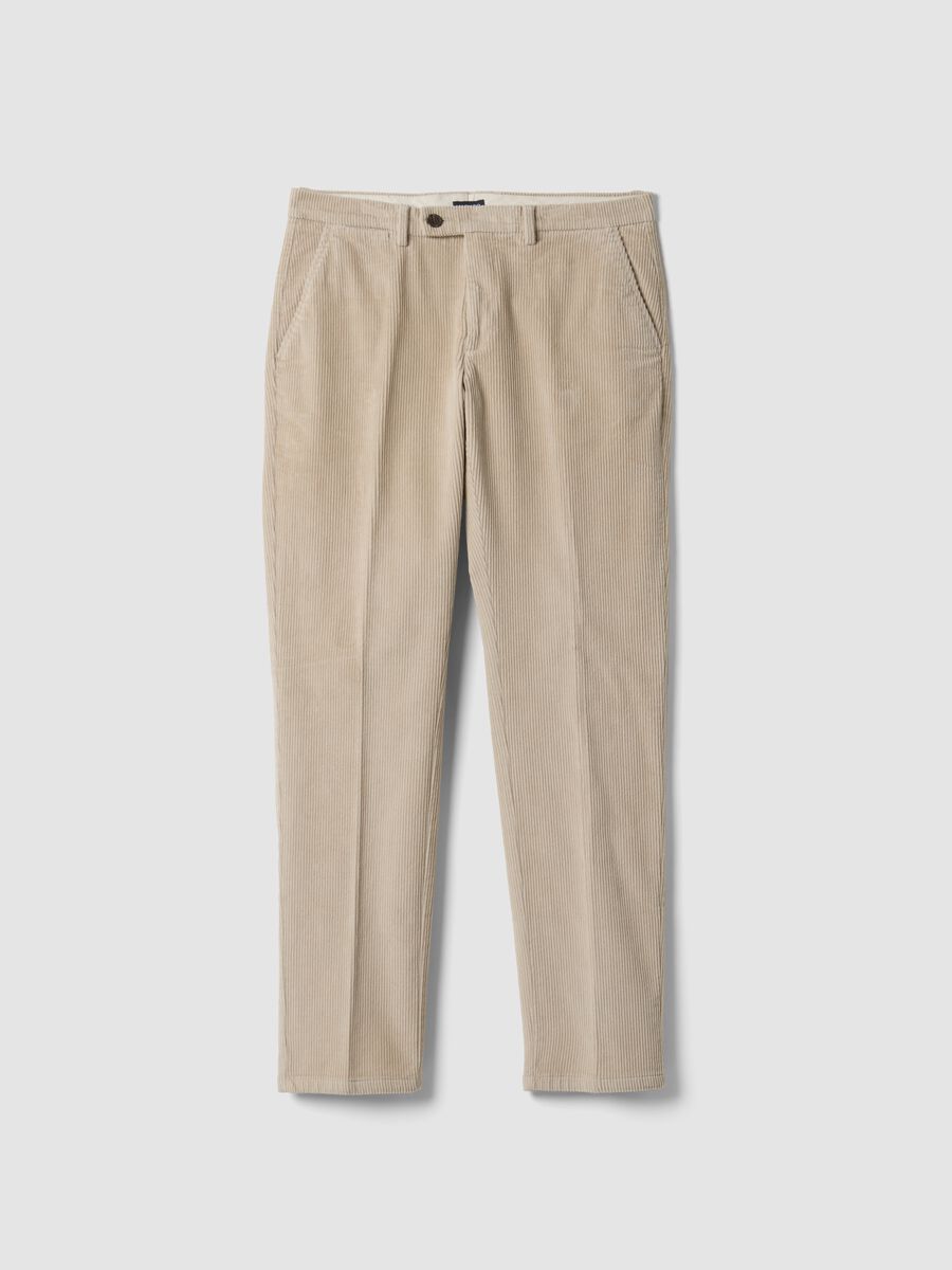 Pantaloni beige in cotone elasticizzato a coste_4