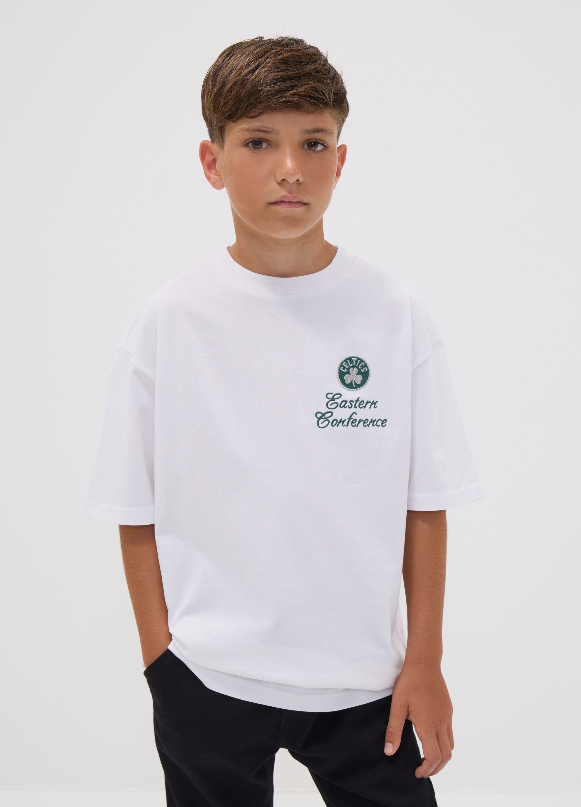 White pure cotton Celtics print T-shirt for boys