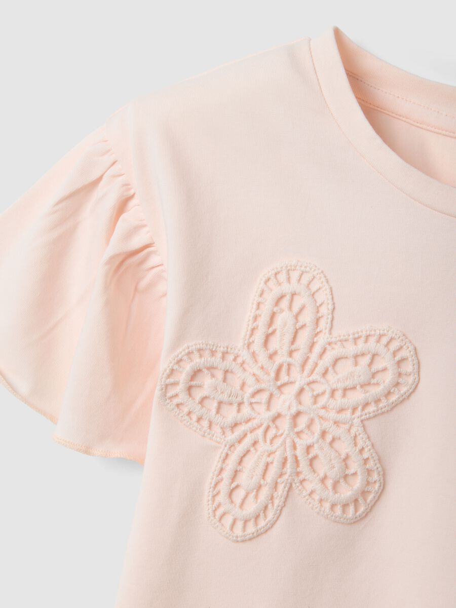 Girls' Pink Stretch Cotton T-shirt with Floral Embroidery_2