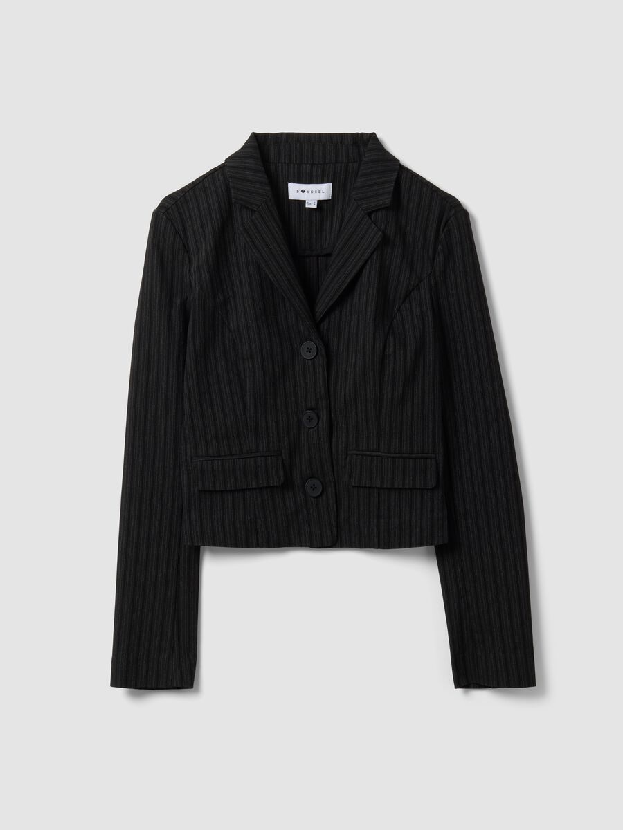 Black cropped stretch viscose blazer with classic lapels, slim fit_4