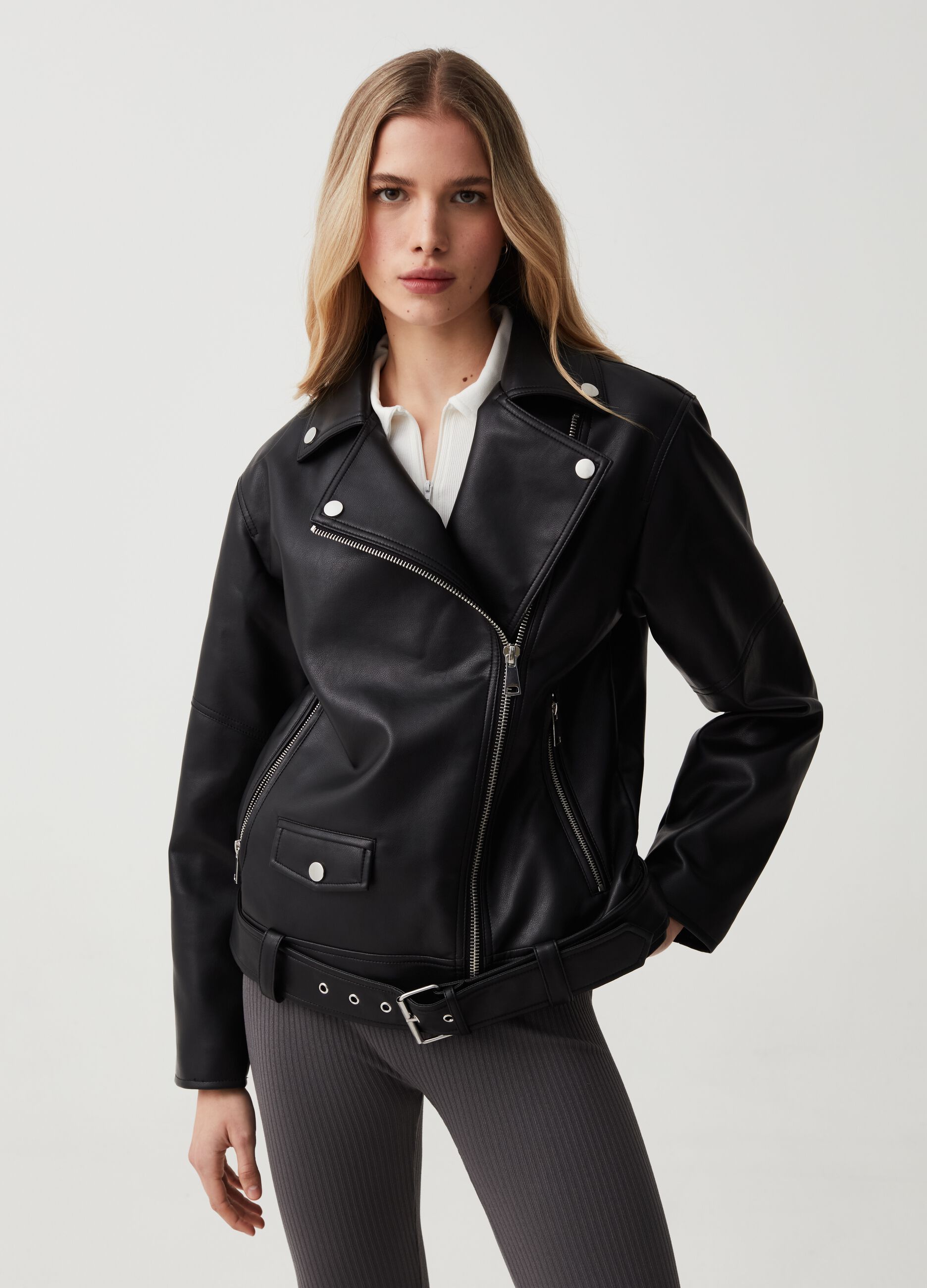 Oversized-fit glossy-effect biker jacket