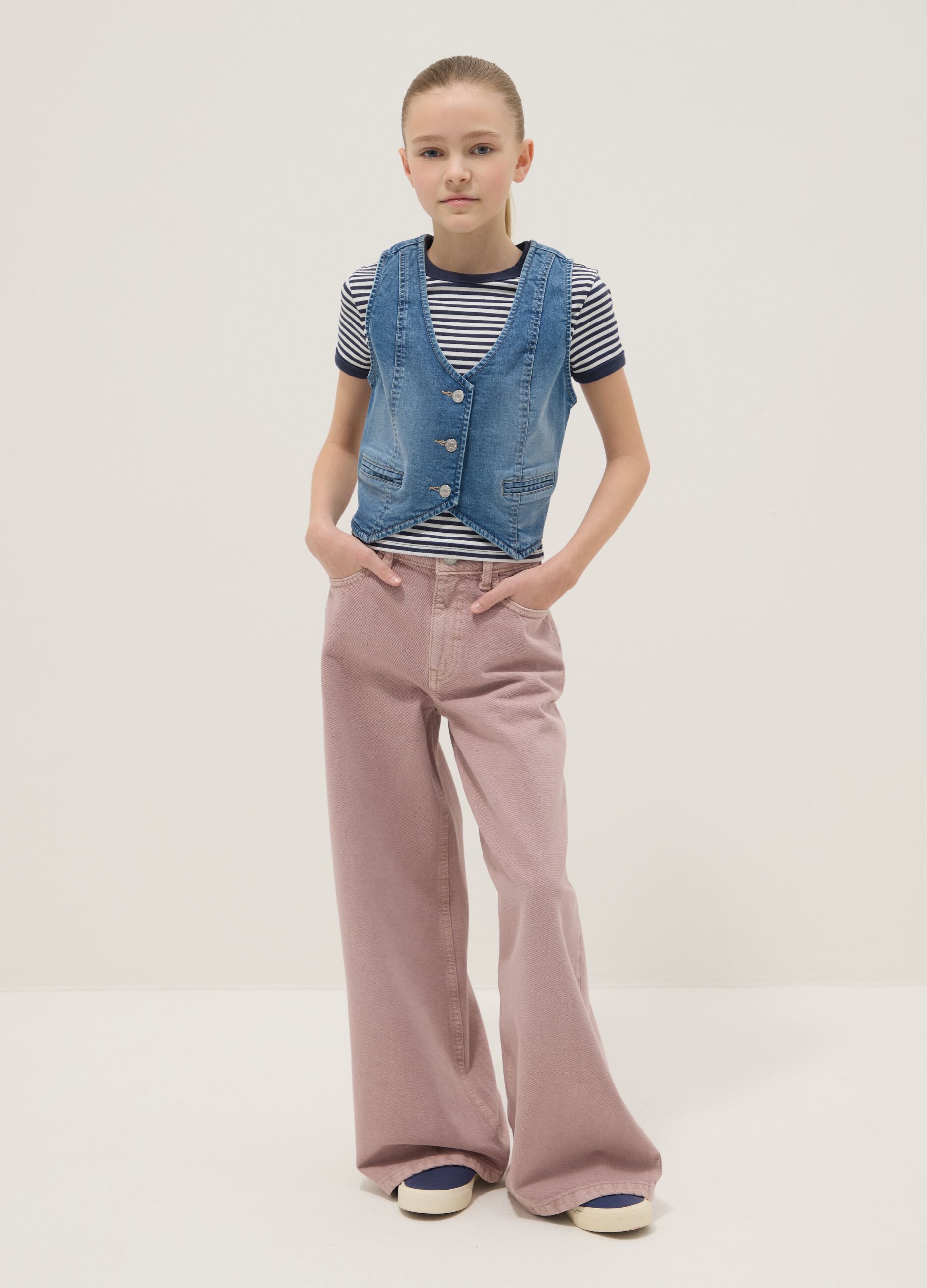 Girls' super wide leg jeans in pure pink cotton denim
