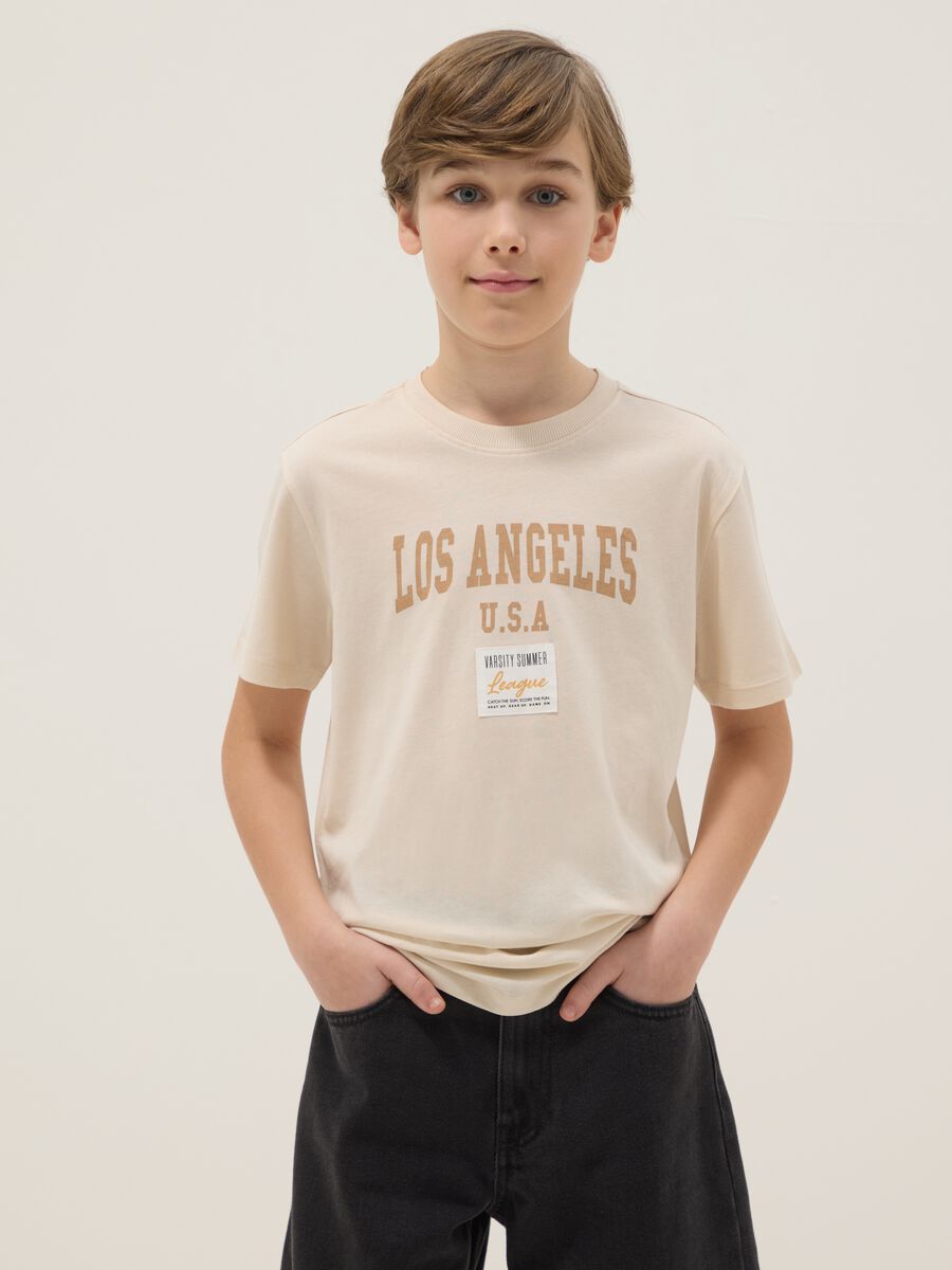 Boy's regular fit beige pure cotton T-shirt with print_0