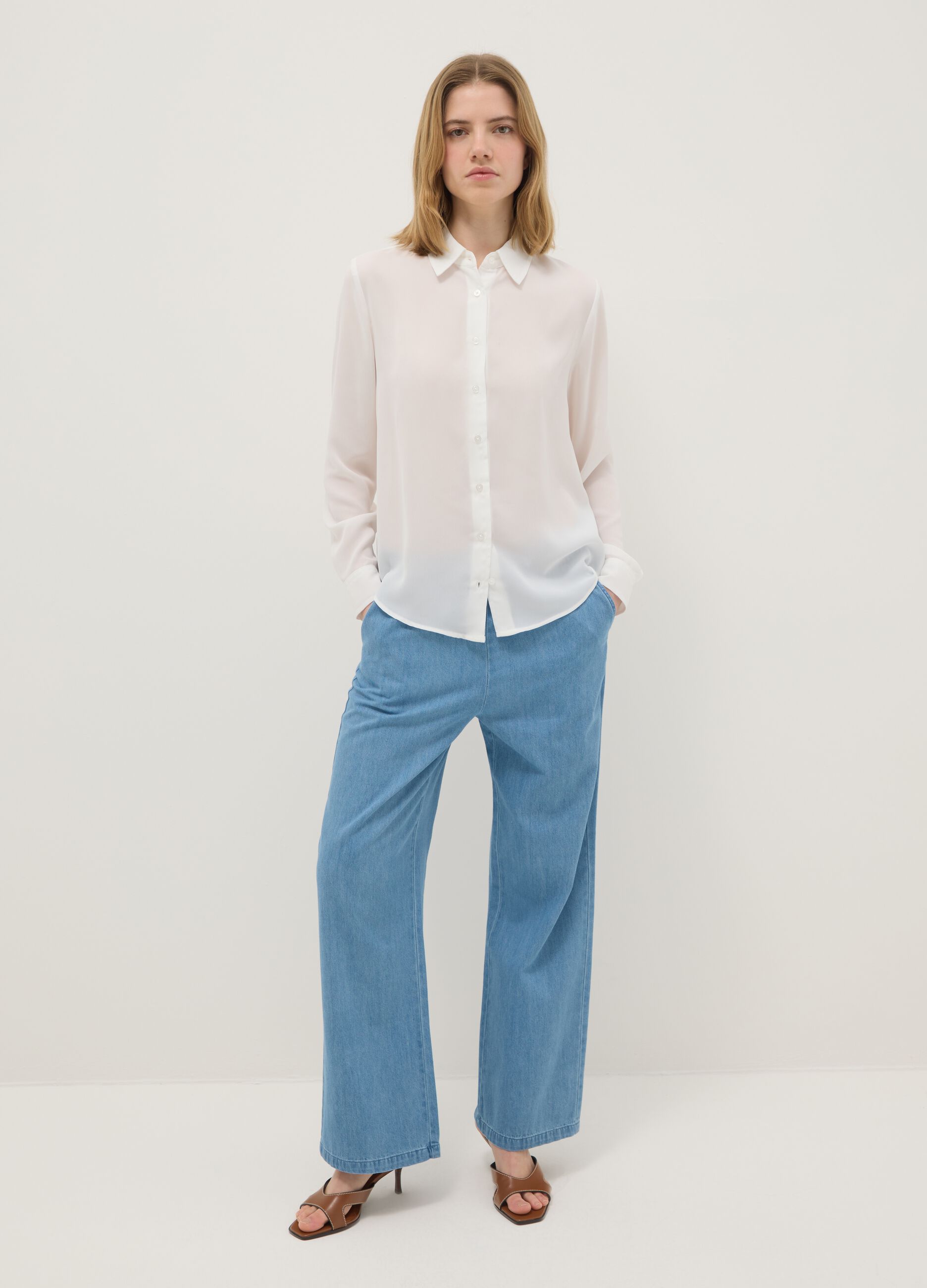 Blue wide leg denim trousers in pure cotton with elastic waistband
