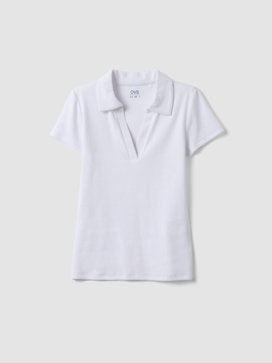 White stretch cotton polo shirt with open V-neck, regular fit_4