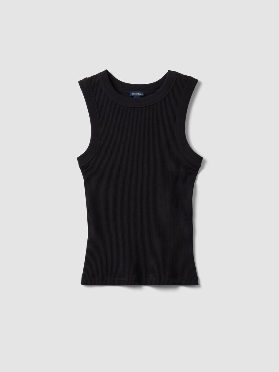 Tank top nero in cotone elasticizzato a costine fitted_0
