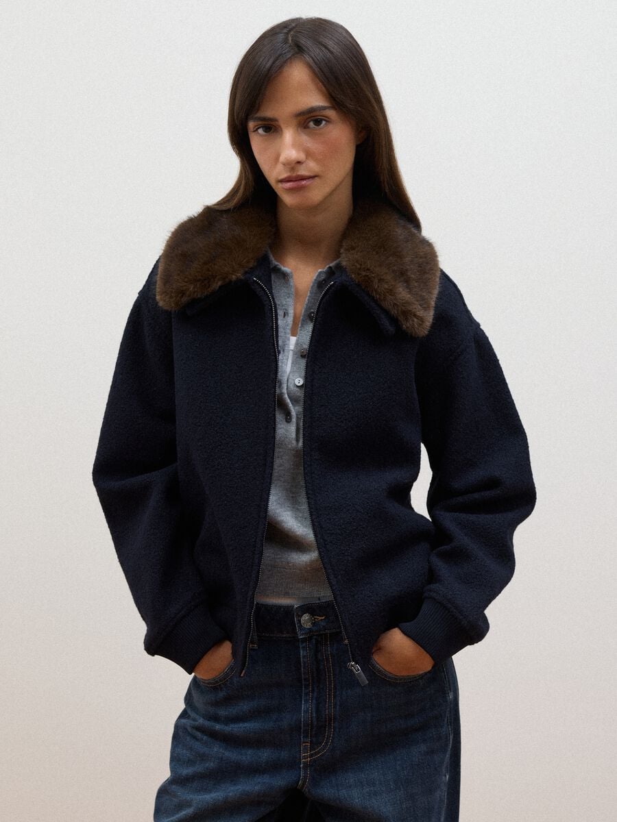 Blue wool-blend jacket with faux-fur effect collar_1