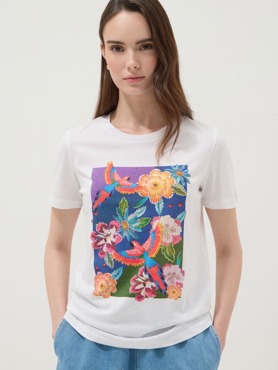 White pure cotton T-shirt with floral print_0