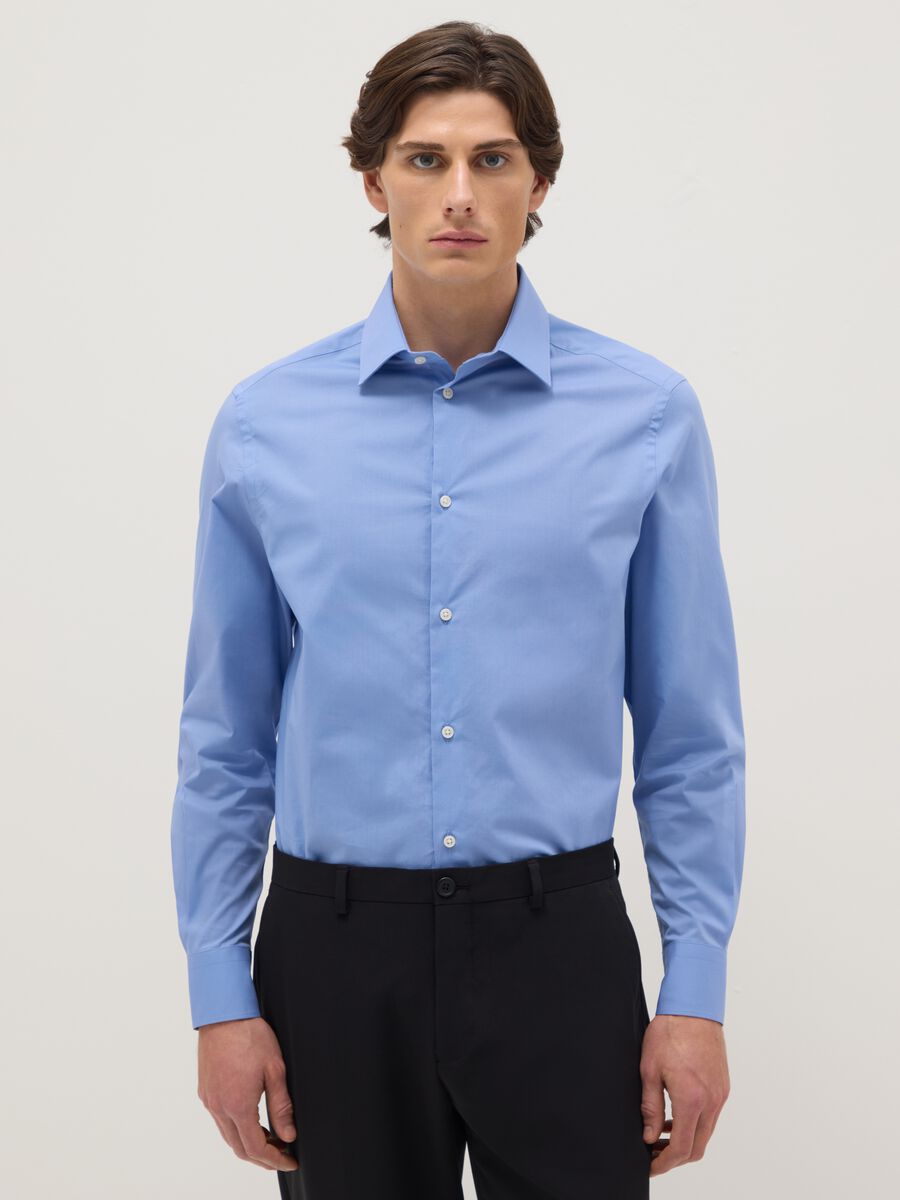 Blue stretch cotton regular fit shirt with classic collar_0