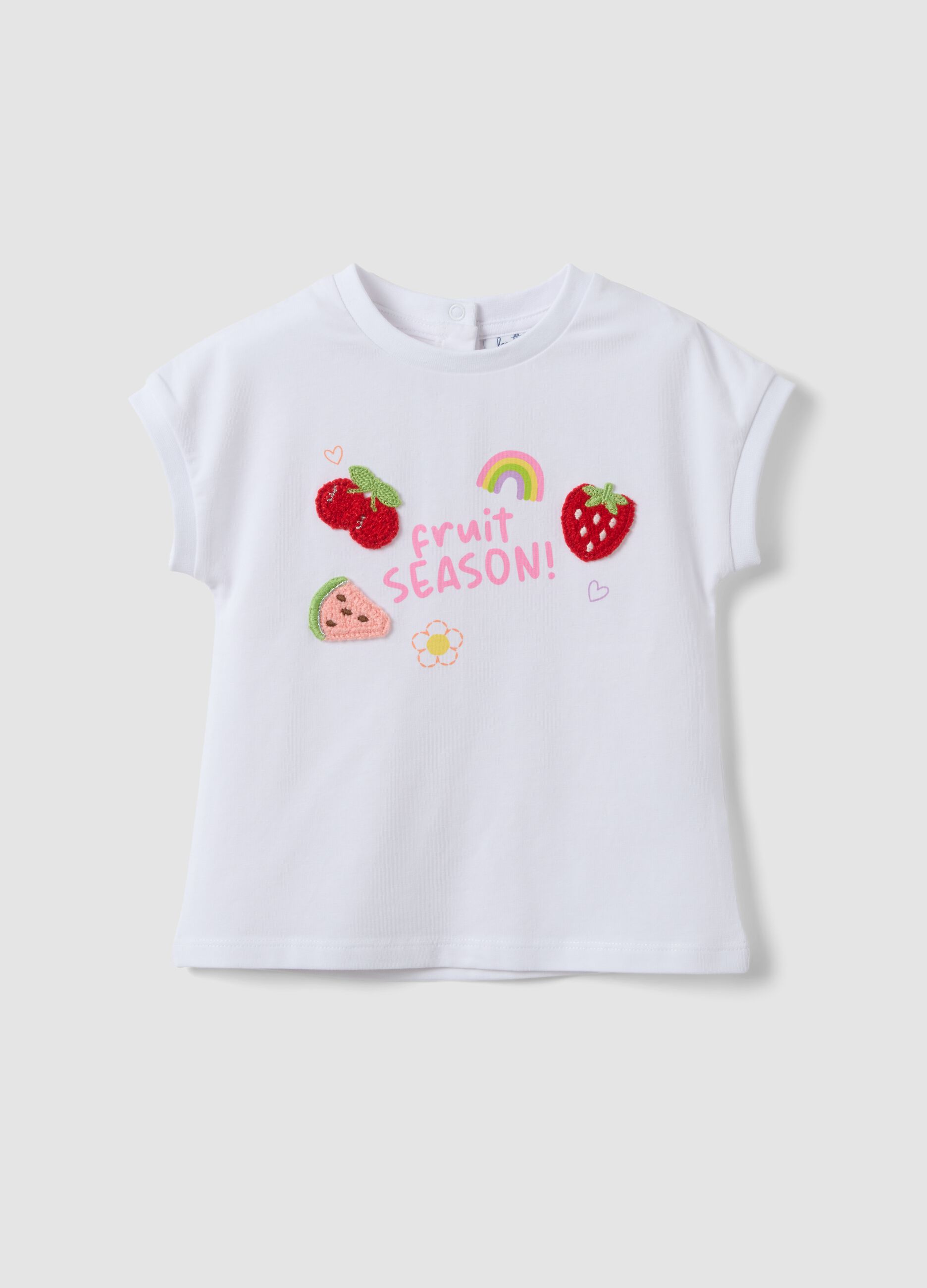 Girls' white stretch cotton T-shirt regular fit with embroidery