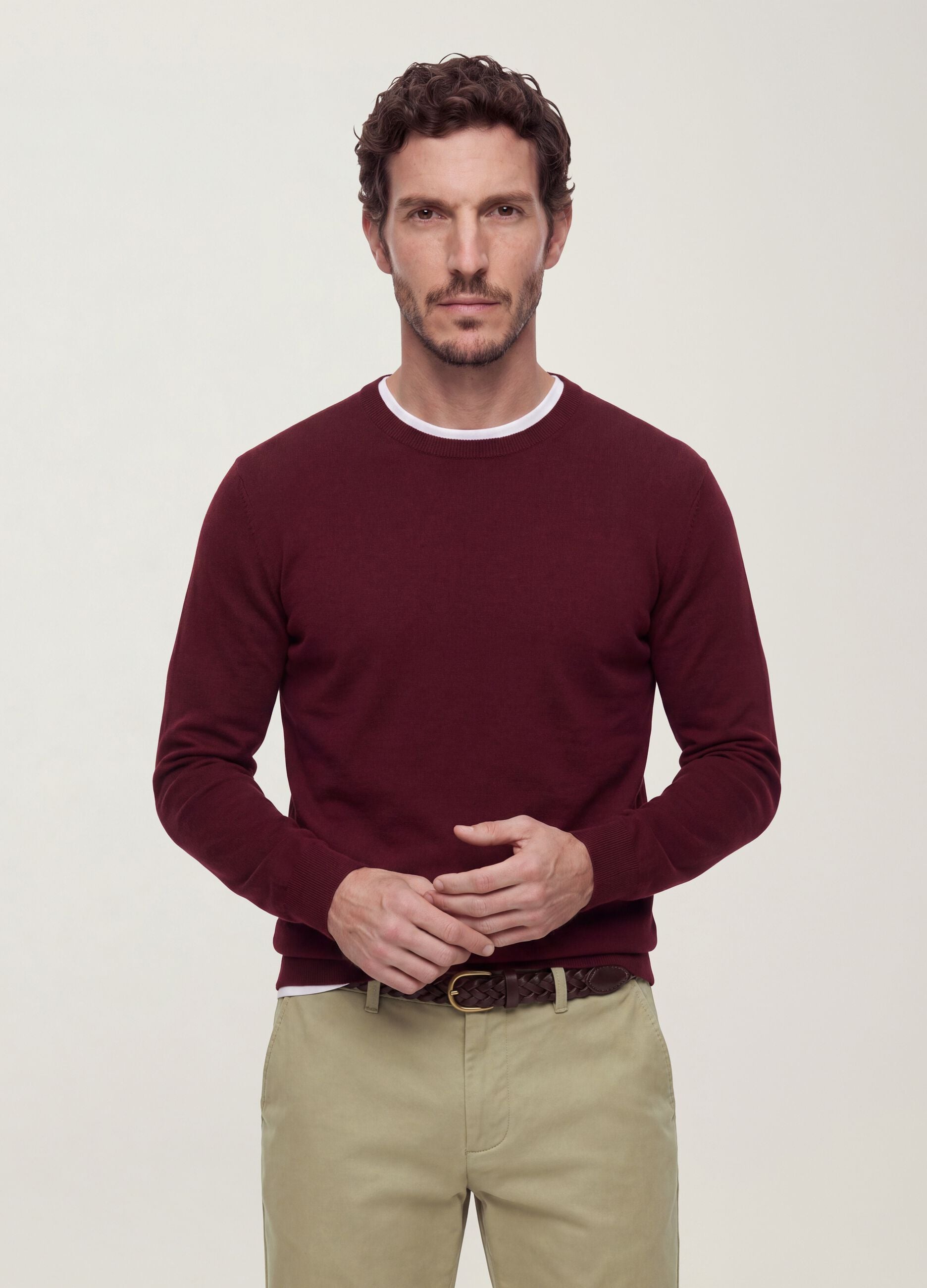 Burgundy viscose-blend crew-neck jumper, regular fit