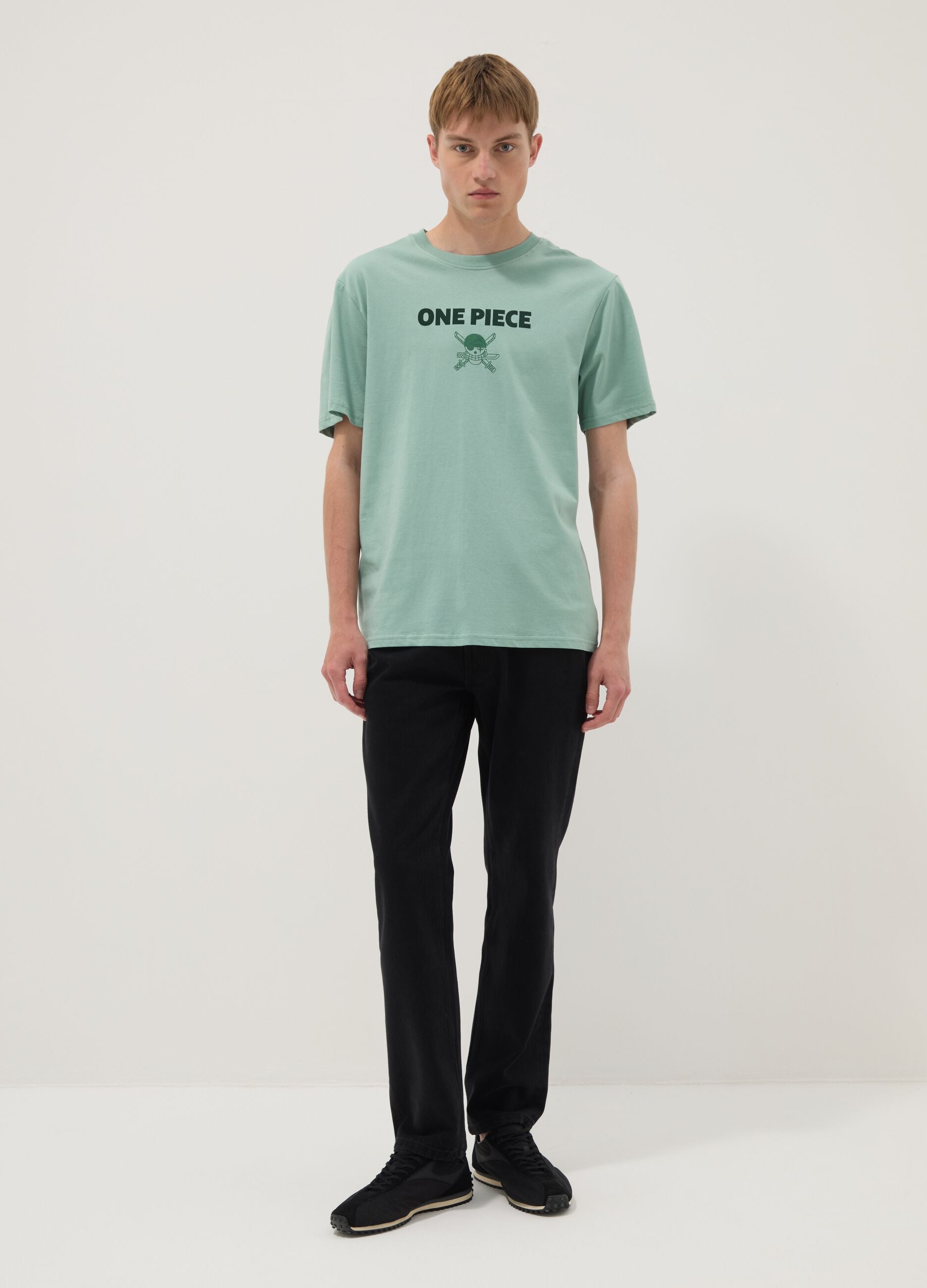 Green pure cotton One Piece slogan T-shirt, relaxed fit