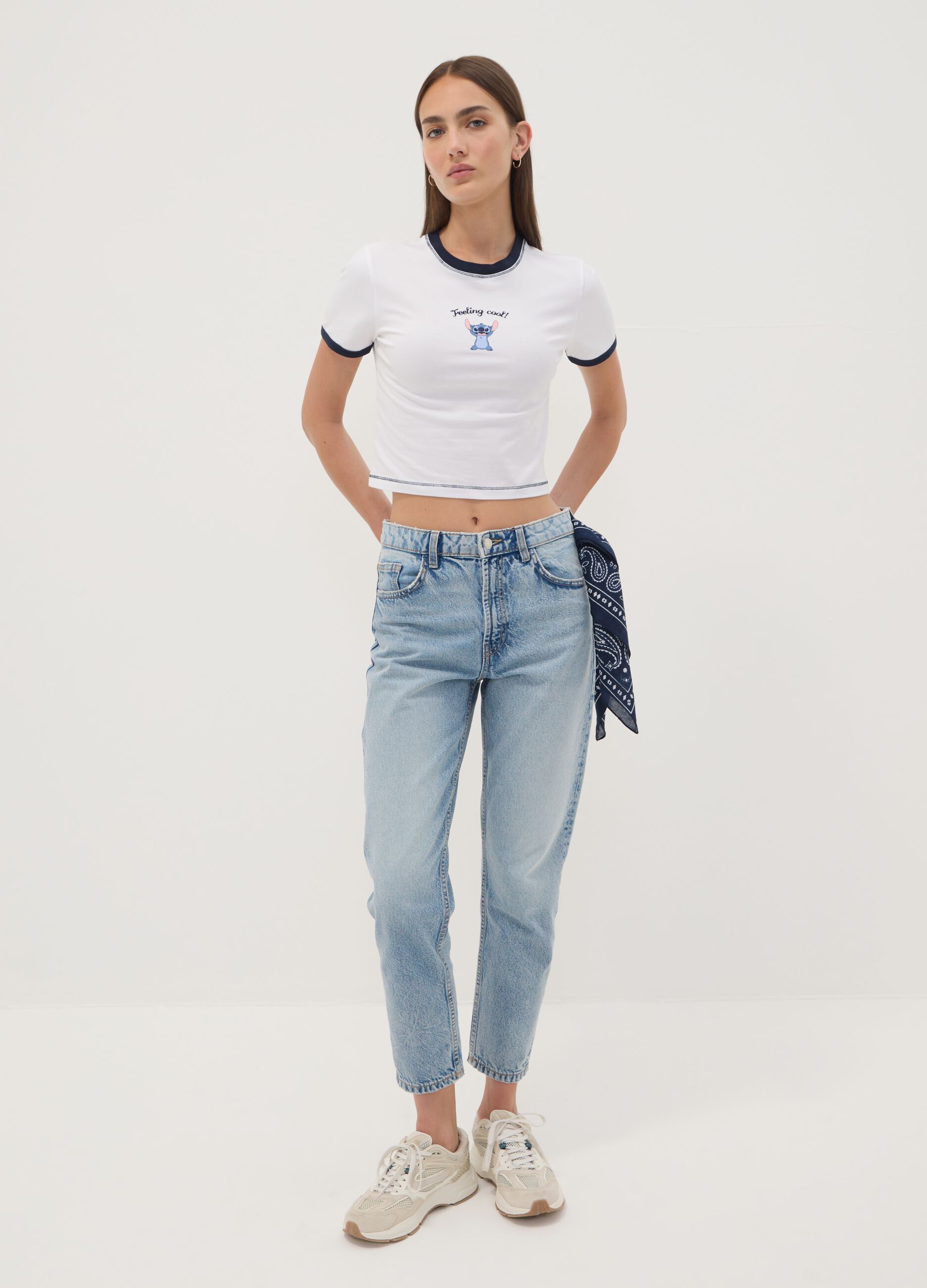 White stretch cotton T-shirt with Stitch print, regular fit