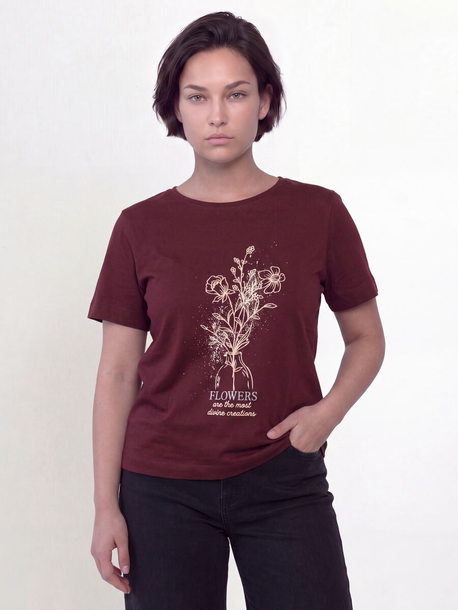 Red pure cotton T-shirt with floral print, regular fit_1