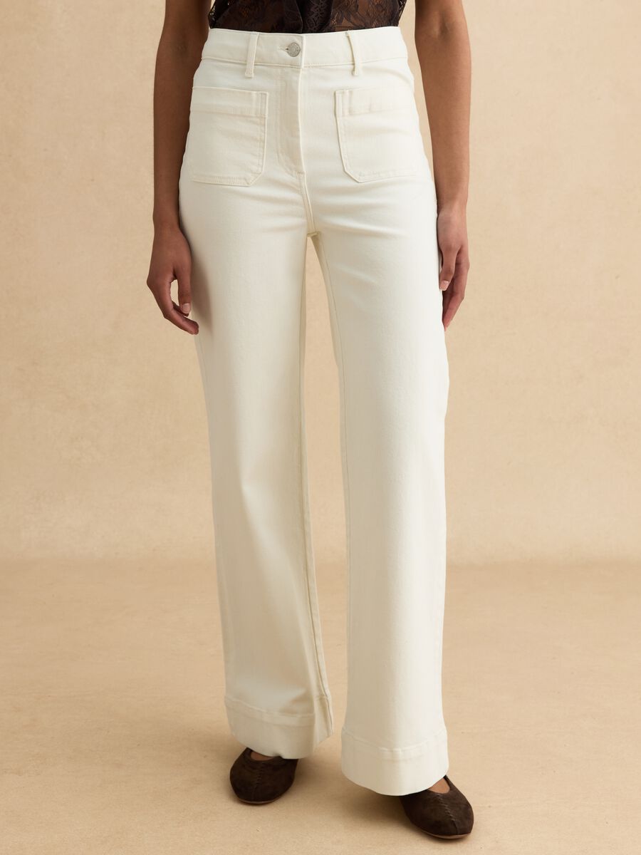 White stretch cotton regular fit trousers_1