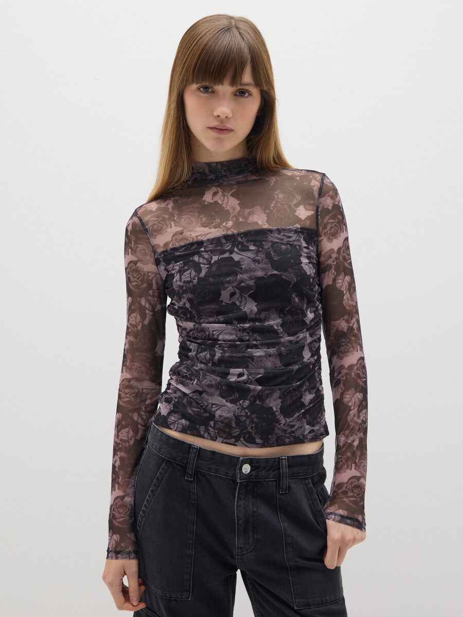 Grey Long Sleeve Top with Floral Print_1