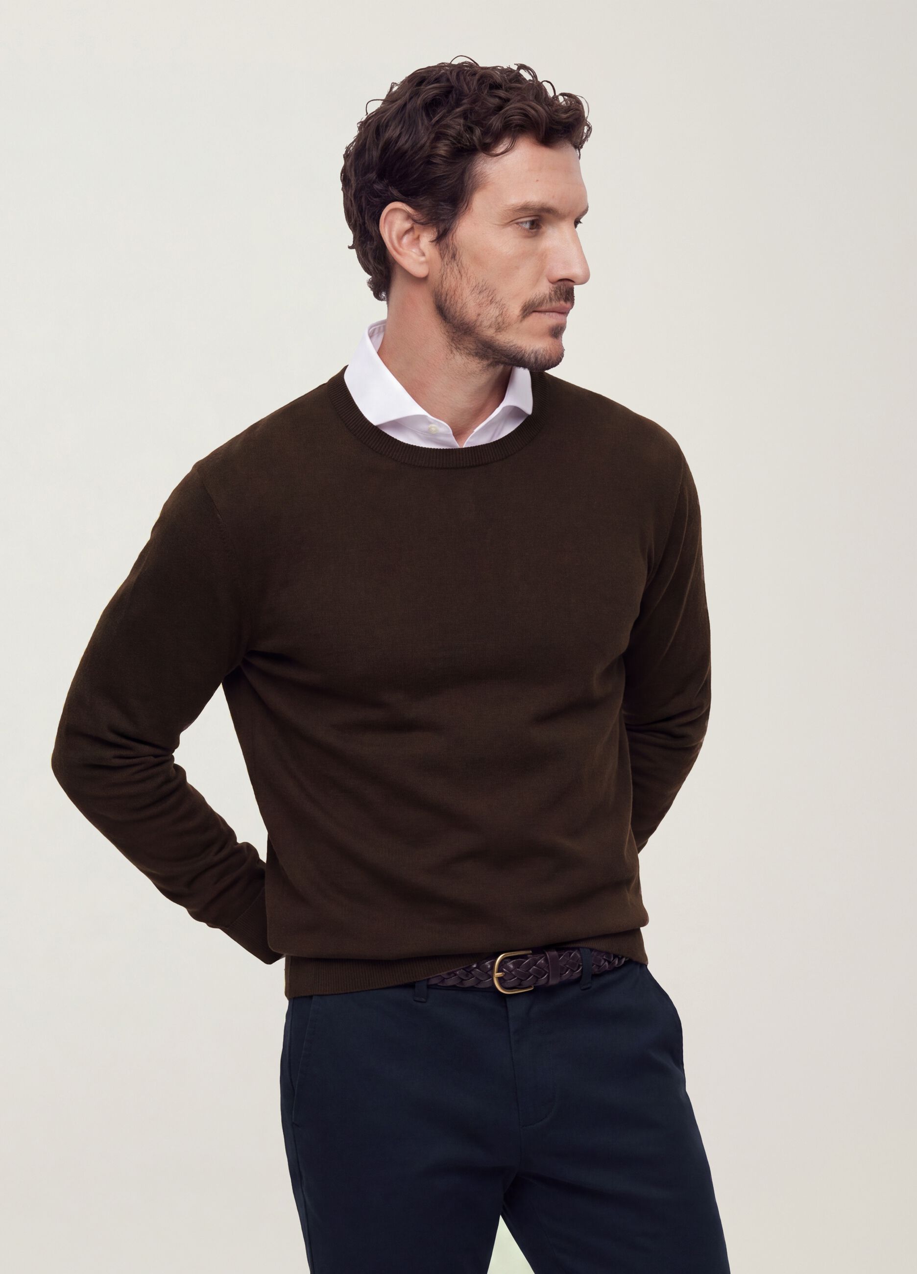 Brown crew-neck jumper in viscose blend, regular fit