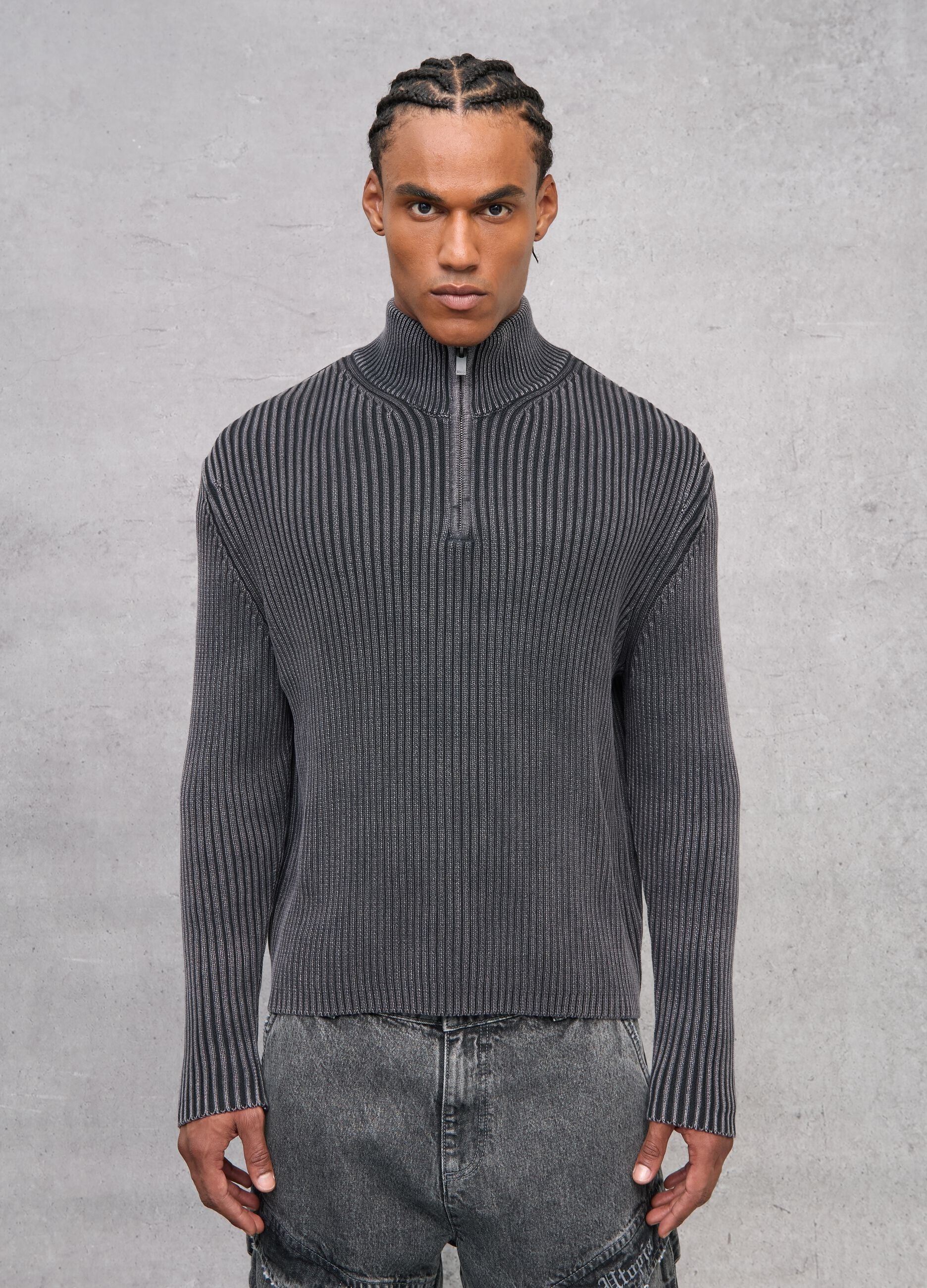 Half-Zip Ribbed Knit Vintage Grey