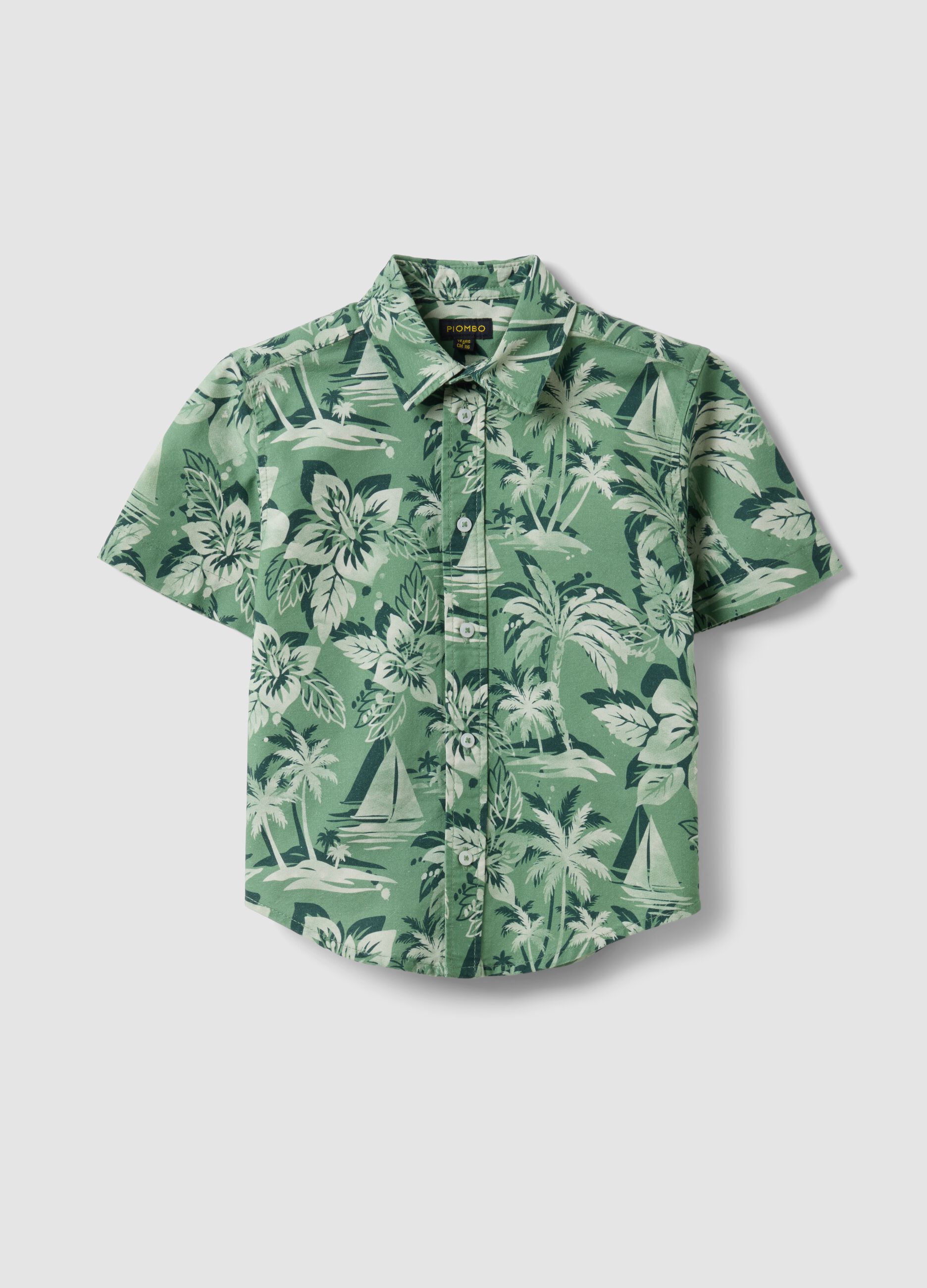Camisa verde em algod&atilde;o puro com estampado tropical