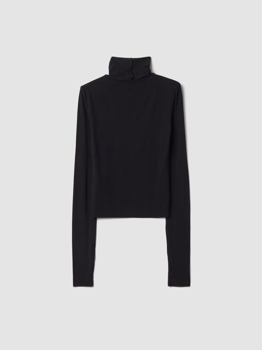 Black stretch viscose top with stand-up collar, slim fit_2