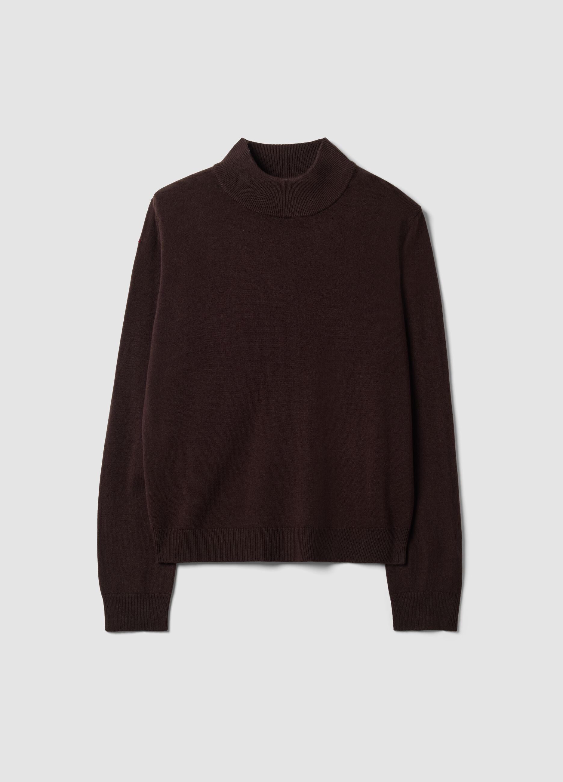 Brown long-sleeve top with raised neck, regular fit
