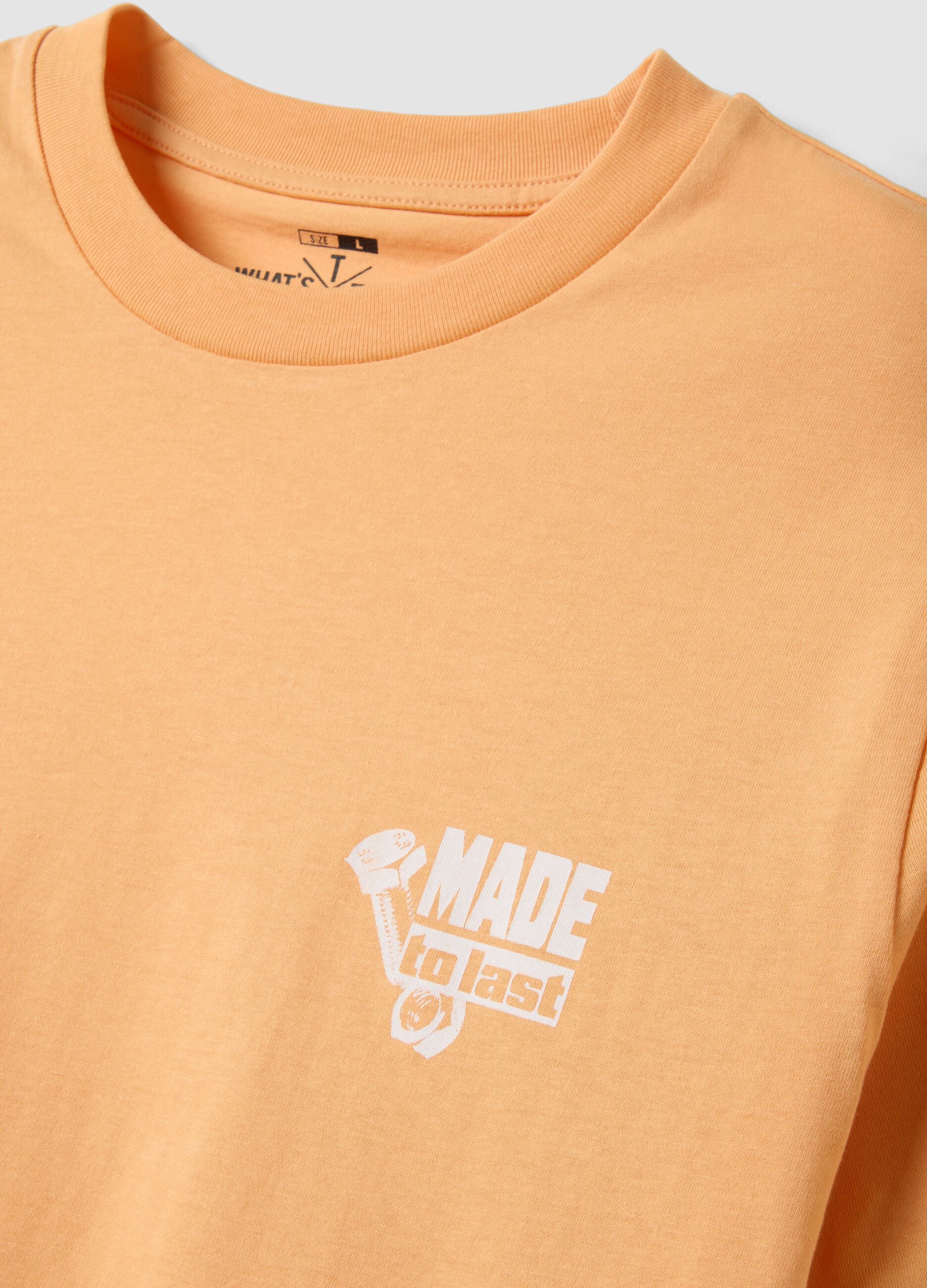 Orange pure cotton jersey T-shirt with chest print, regular fit