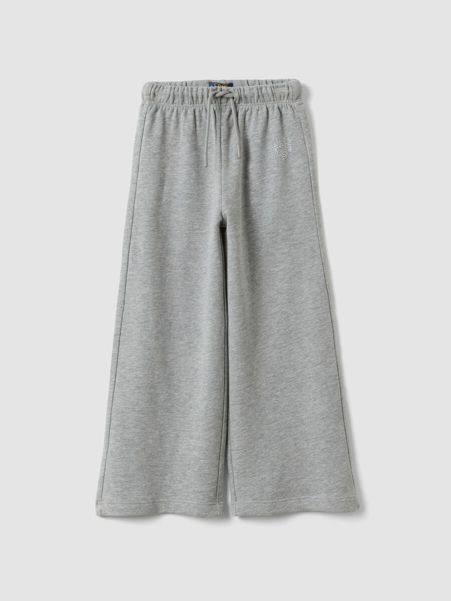 Grey pure cotton trousers with elasticated waist and rhinestones for girls_0