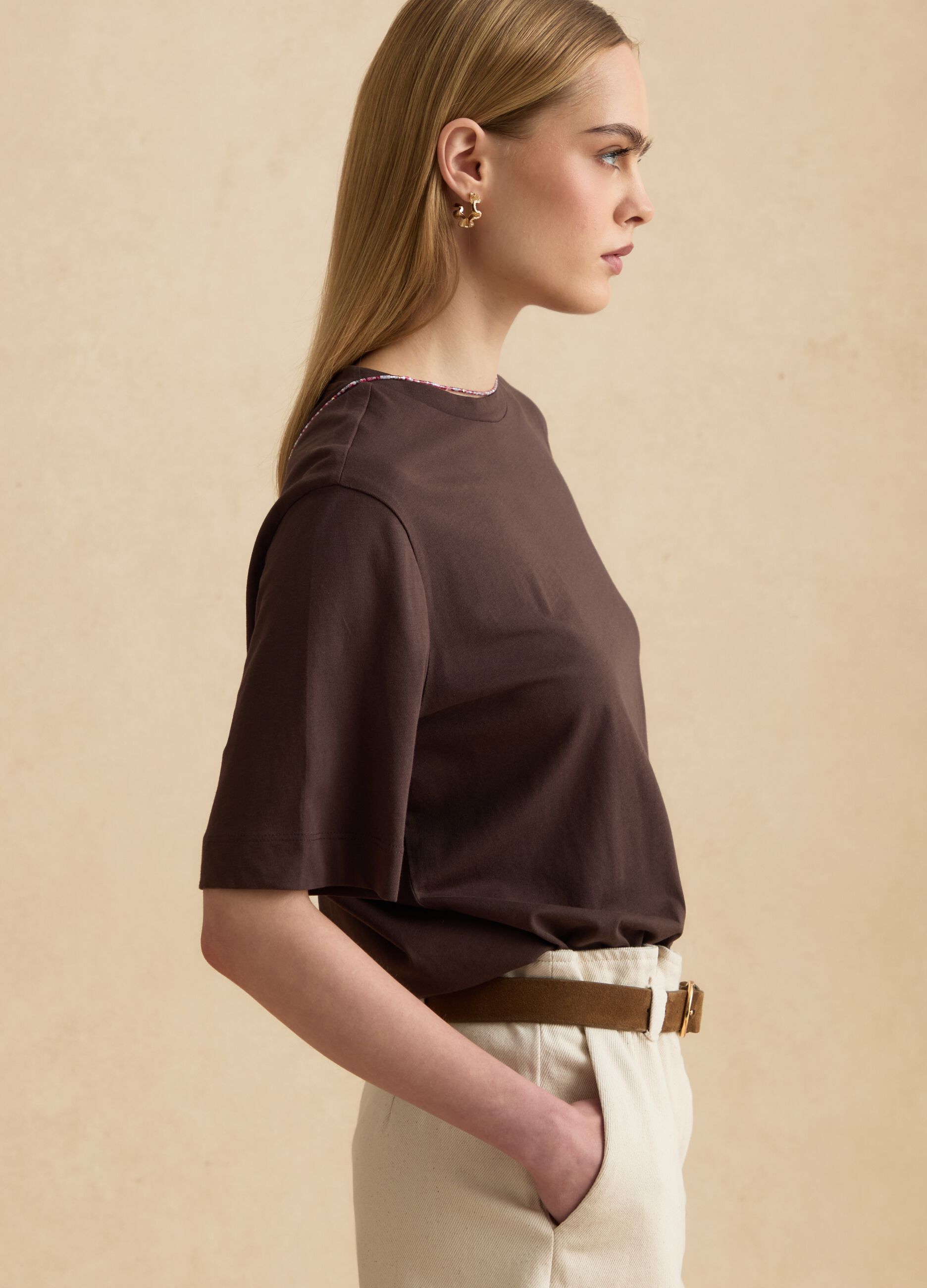 Brown pure cotton short-sleeve T-shirt